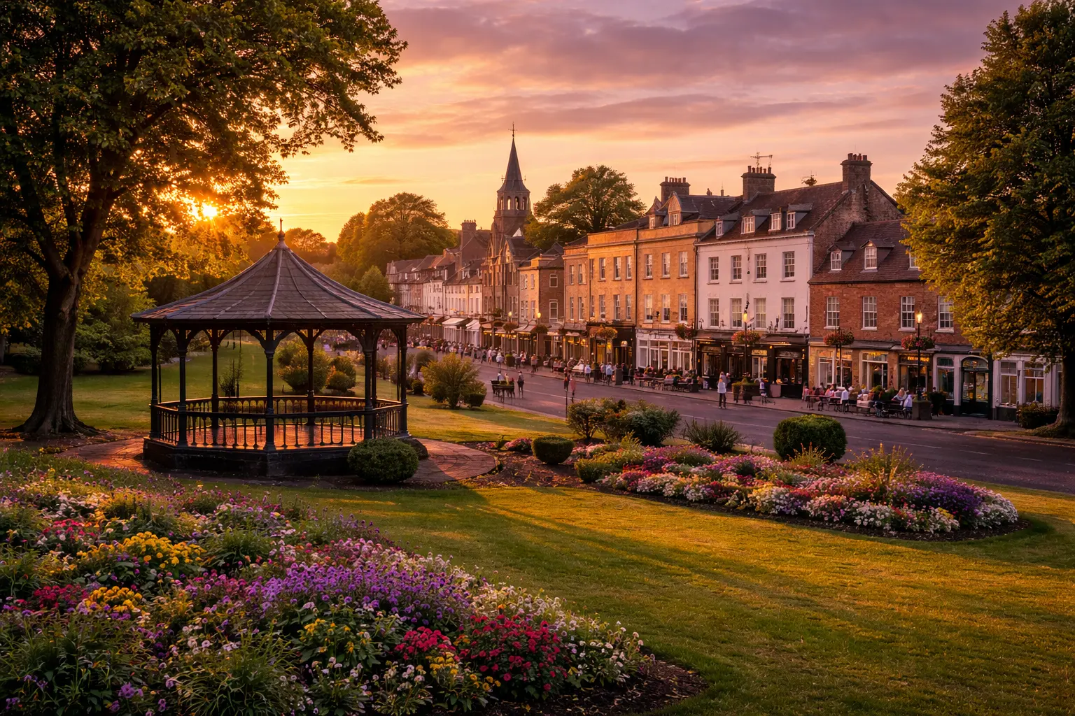 Wine delivery in Ampthill with the Great Park bandstand, Georgian high street and town centre at sunset