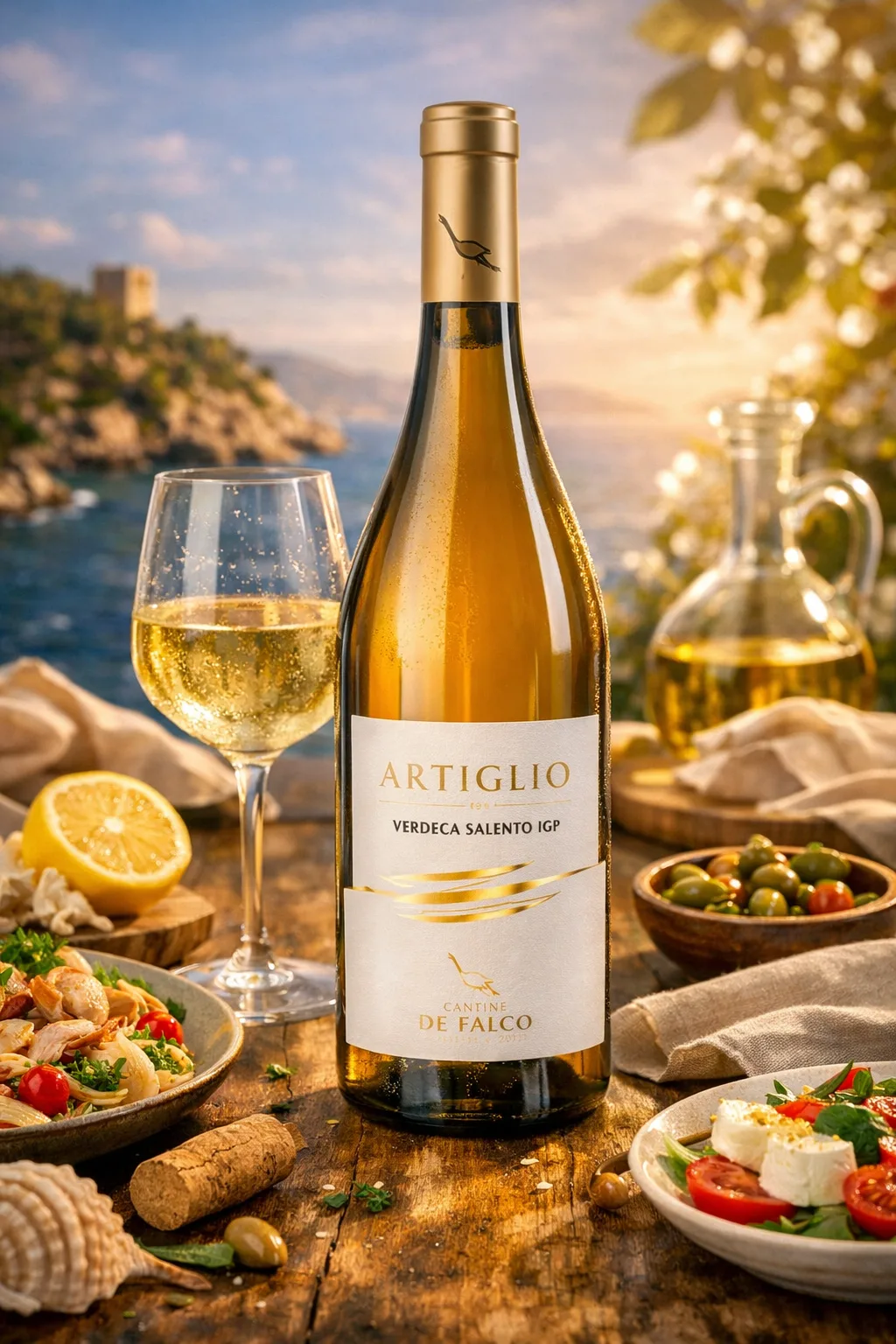 Artiglio Bianco IGP 2023 Italian white wine bottle with seafood by the coast