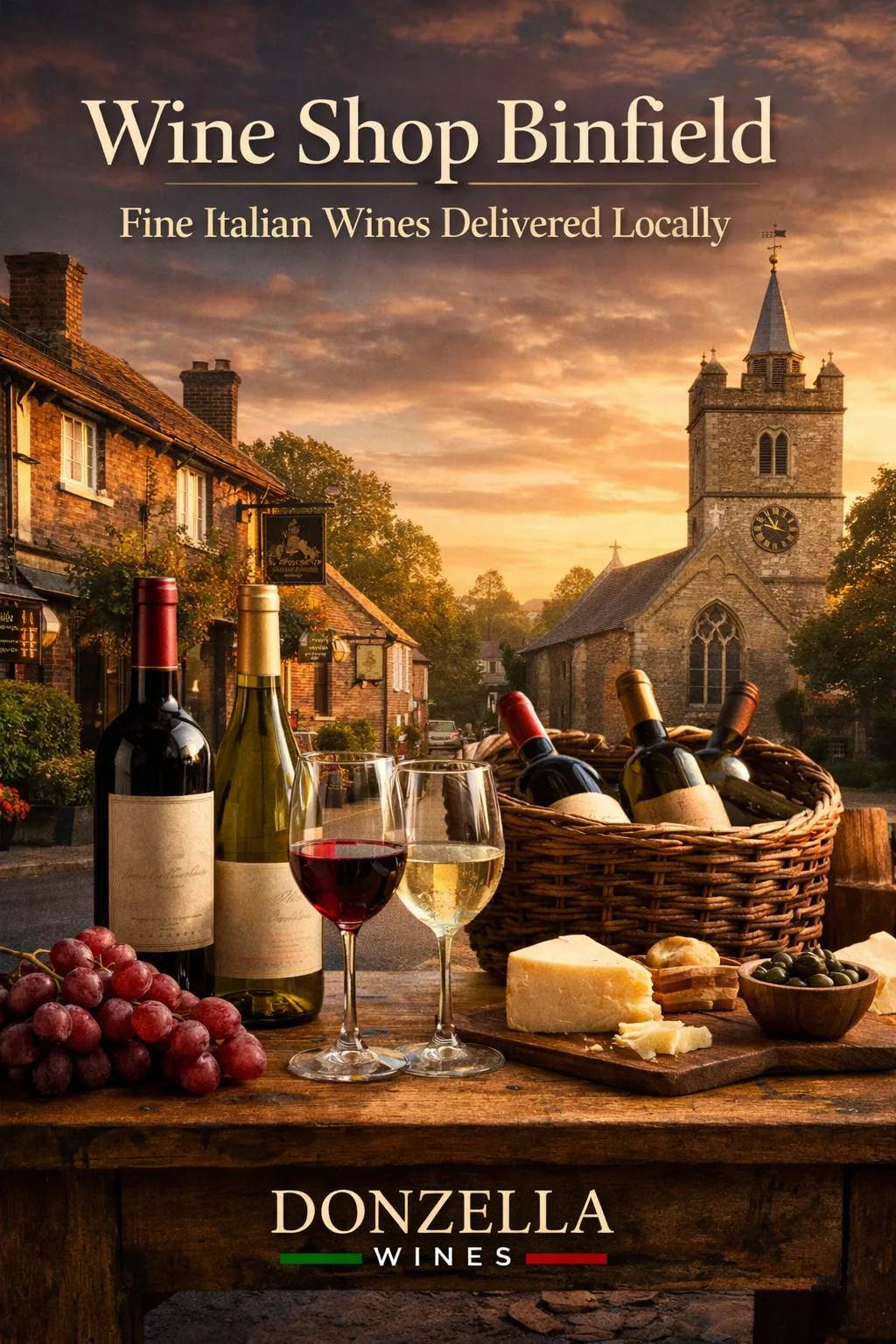 Wine Shop Binfield – Fine Italian Wines Delivered Locally Wine bottles and glasses on a rustic table in Binfield village with local church in the background, promoting Donzella Wines home delivery.