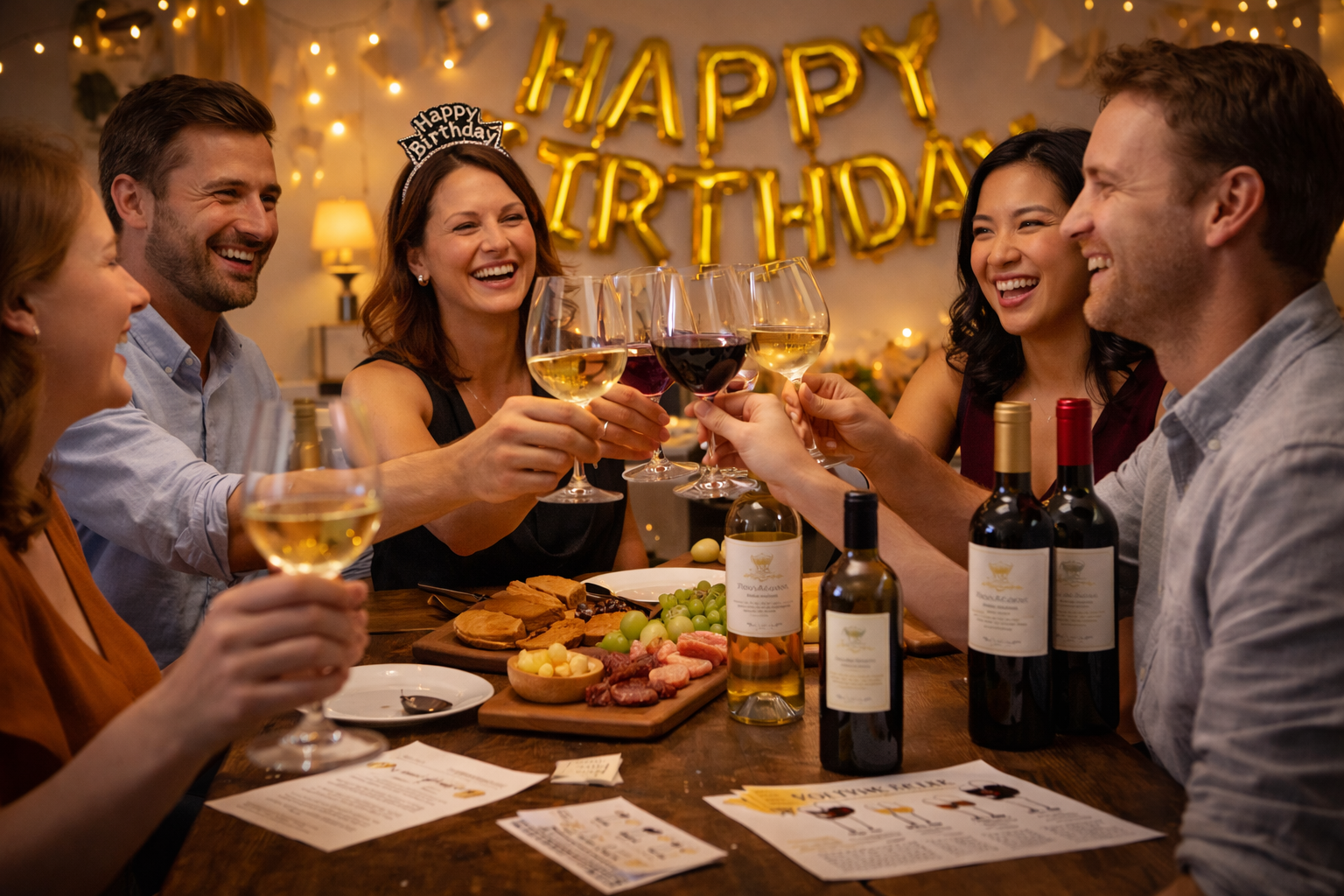 Birthday wine tasting party with friends celebrating together