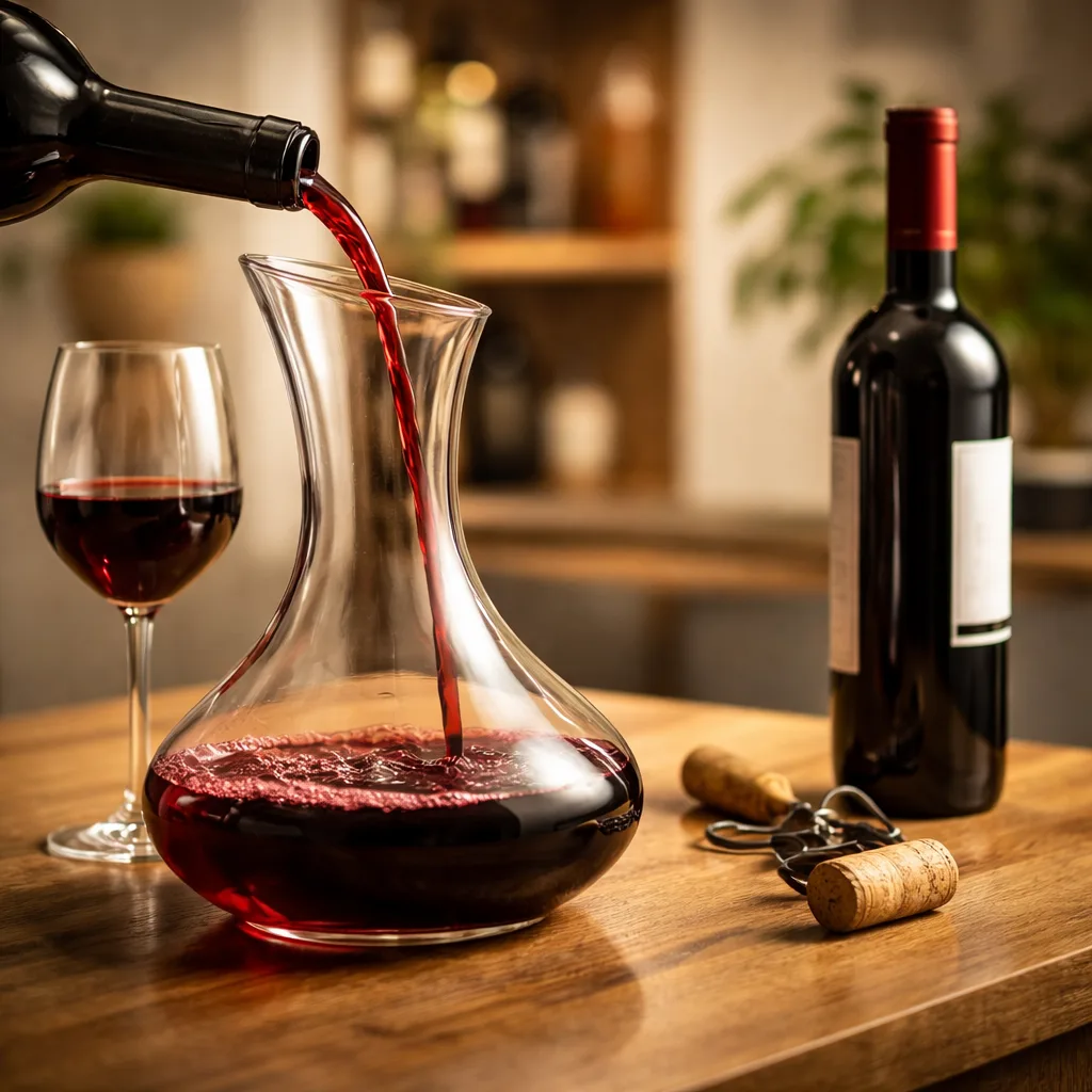 Red wine being poured into a glass to allow the wine to breathe and release aromas