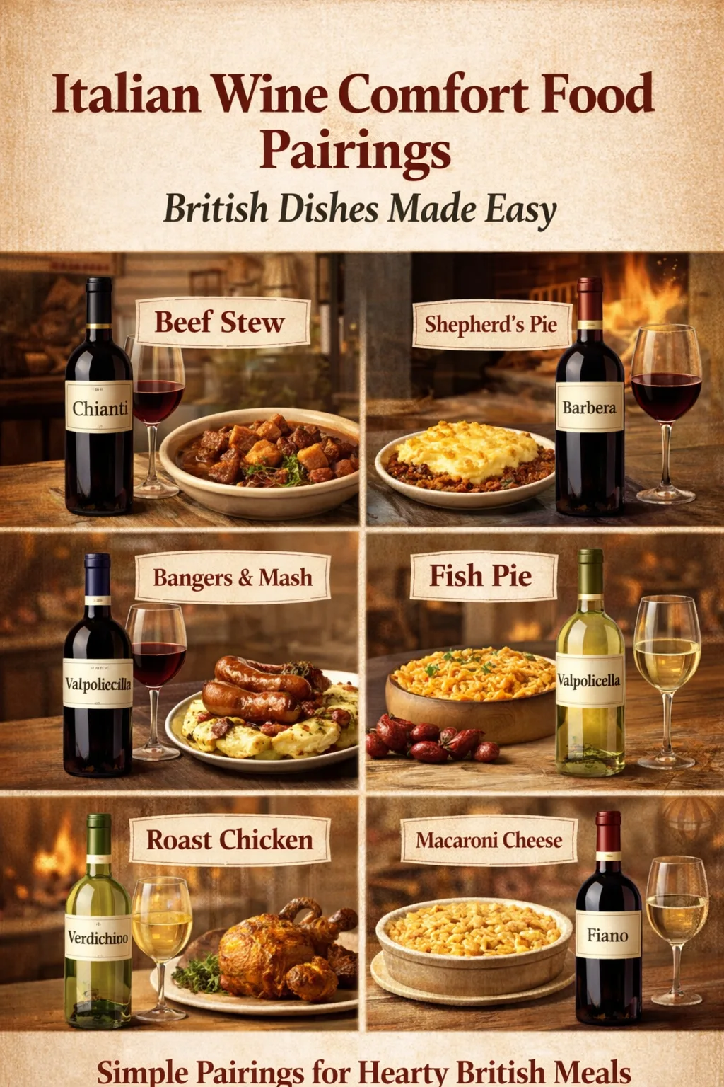 Italian wine comfort food pairings with British dishes including shepherd’s pie, beef stew, fish pie and sausages