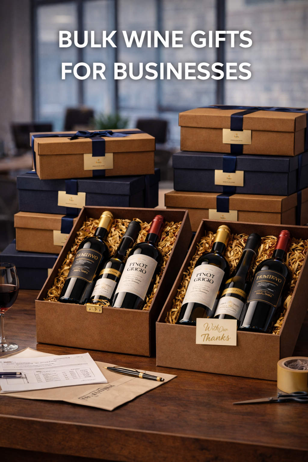 Bulk wine gifts for businesses packaged in corporate gift boxes