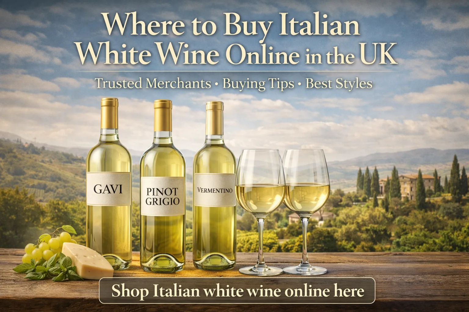 Where to Buy Italian White Wine Online in the UK Italian white wine bottles including Pinot Grigio, Gavi and Vermentino with glasses on a vineyard table