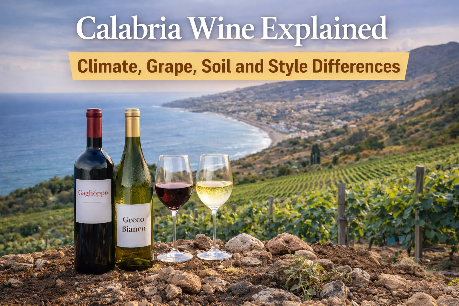 Calabria wine explained showing coastal vineyards, indigenous grapes and regional wine styles