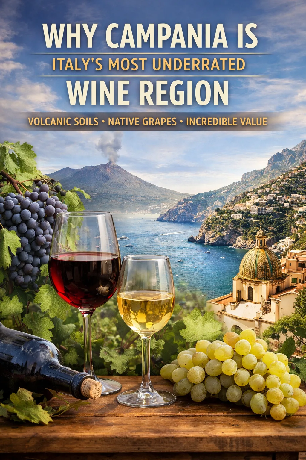 Campania wine region in southern Italy with Mount Vesuvius, vineyards, red and white wine glasses and native grapes