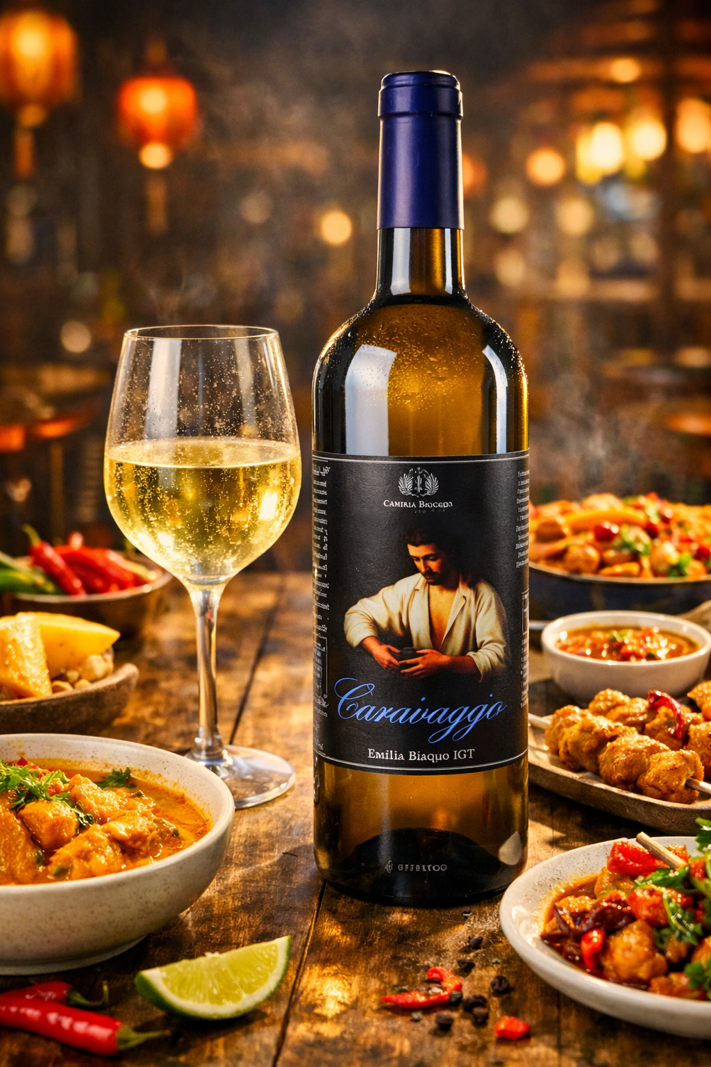 Michelangelo da Caravaggio Emilia Bianco IGT bottle with spicy food and wine glass