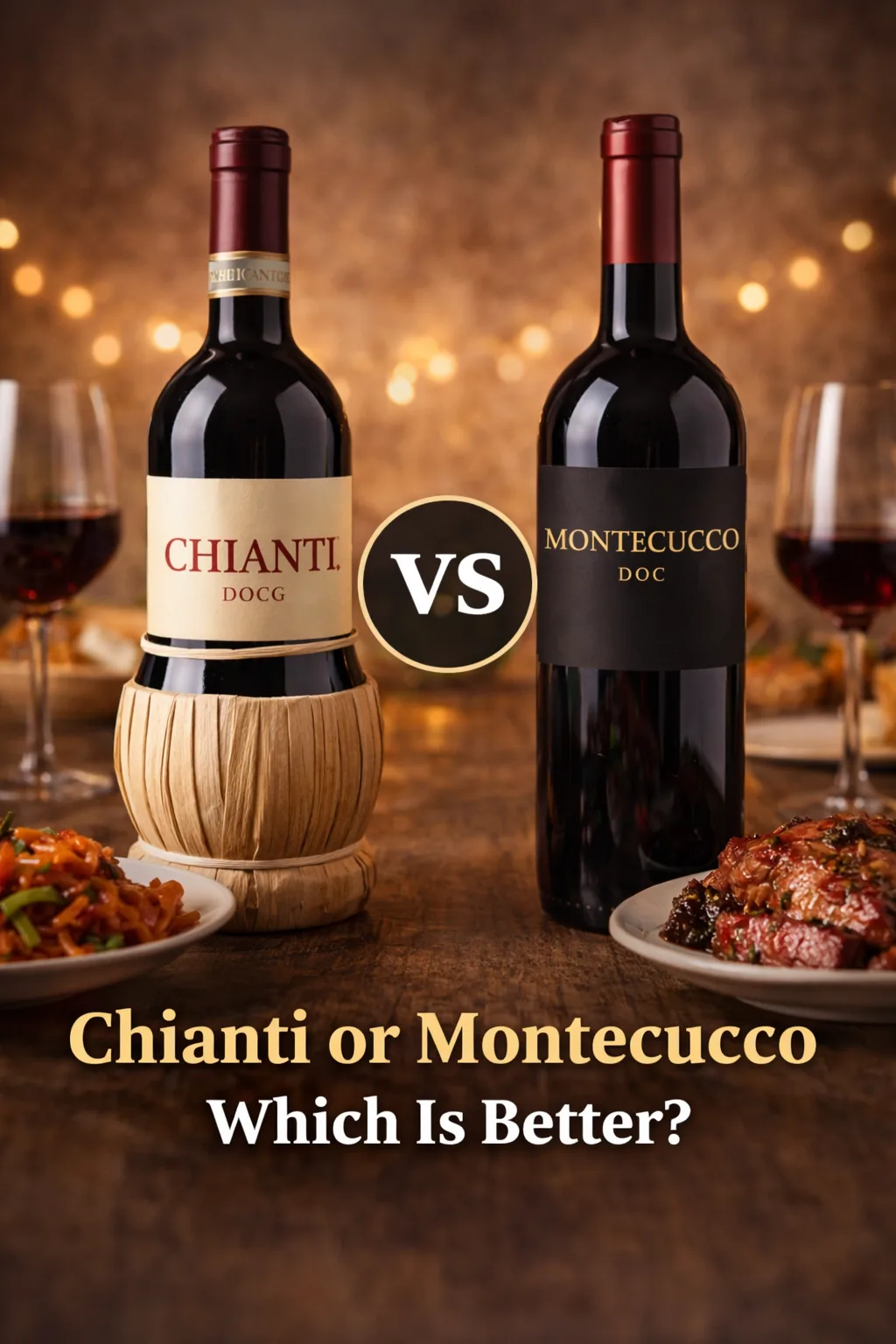 Chianti vs Montecucco red wine comparison with two Tuscan wine bottles on rustic table