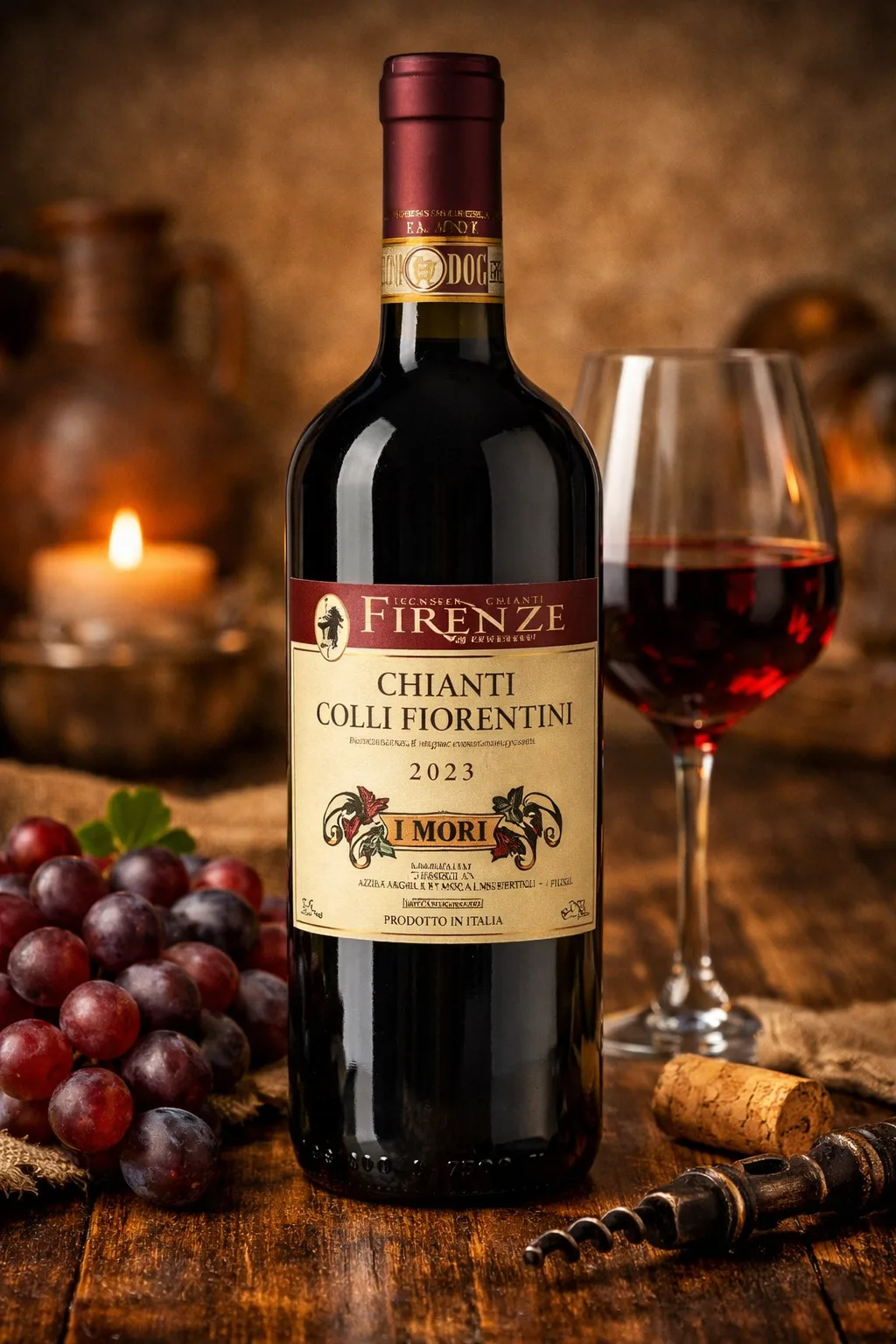 Chianti DOCG Florentine Hills 2023 Italian red wine bottle with glass of red wine on rustic table