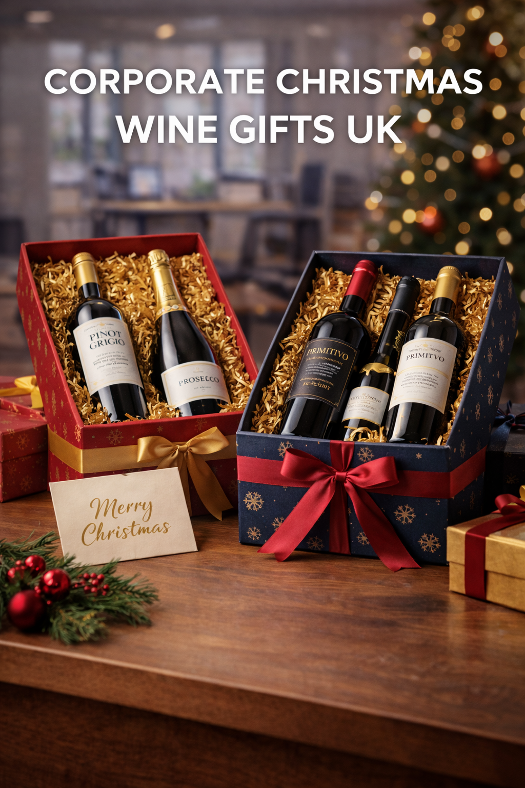 Corporate Christmas wine gifts UK in festive luxury gift boxes