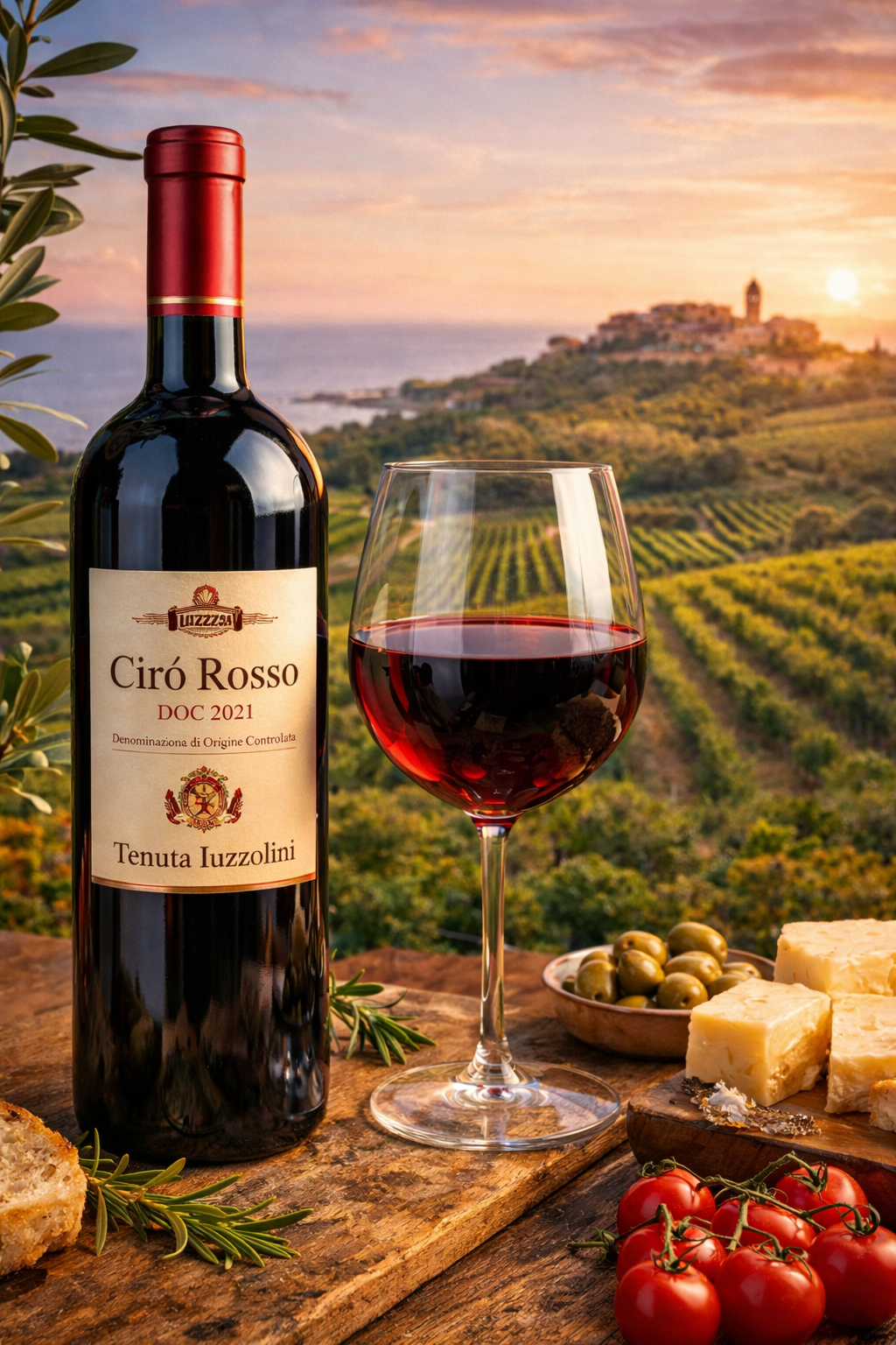 Tenuta Iuzzolini Cirò Rosso DOC red wine bottle with vineyard in Calabria and glass of red wine