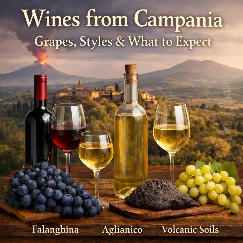Wines from Campania shown with red and white Italian wines, grapes and Mount Vesuvius