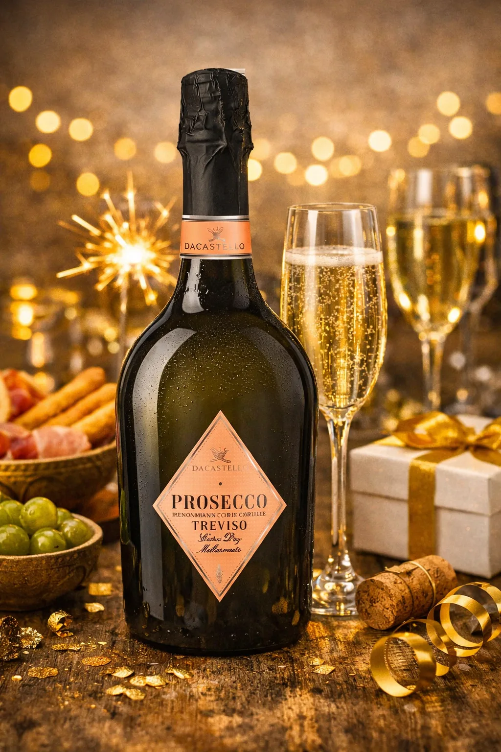 DaCastello Prosecco DOC Treviso Italian sparkling wine bottle with flute on festive table