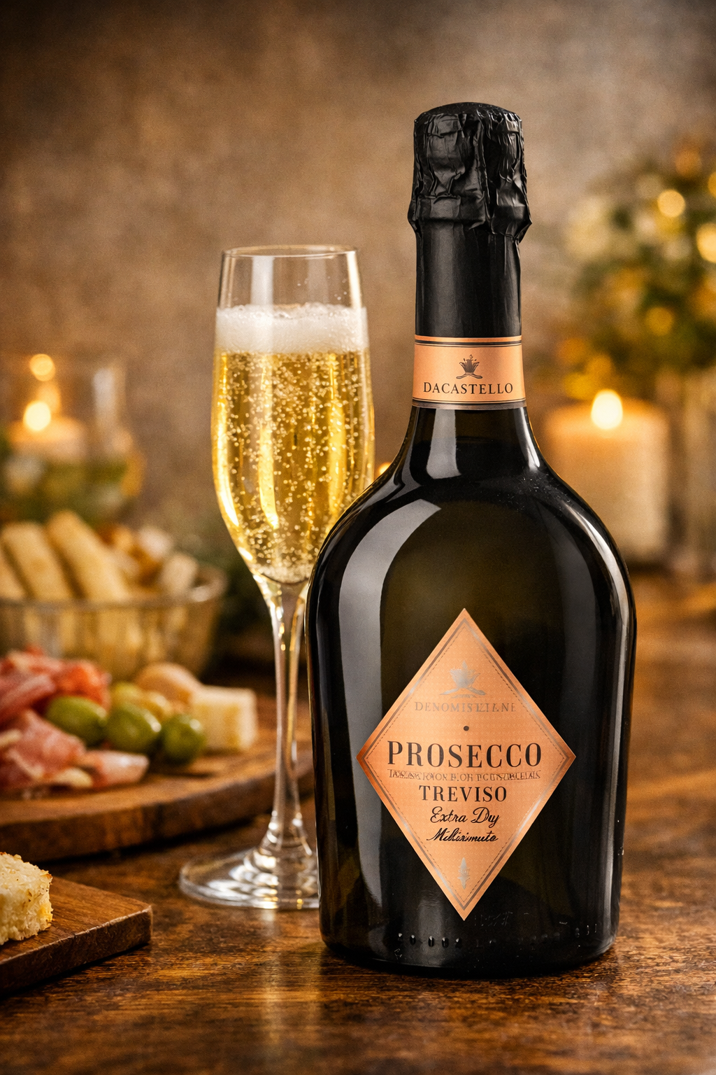 Dacastello Prosecco Treviso Extra Dry Millesimato bottle with sparkling flute on a rustic table
