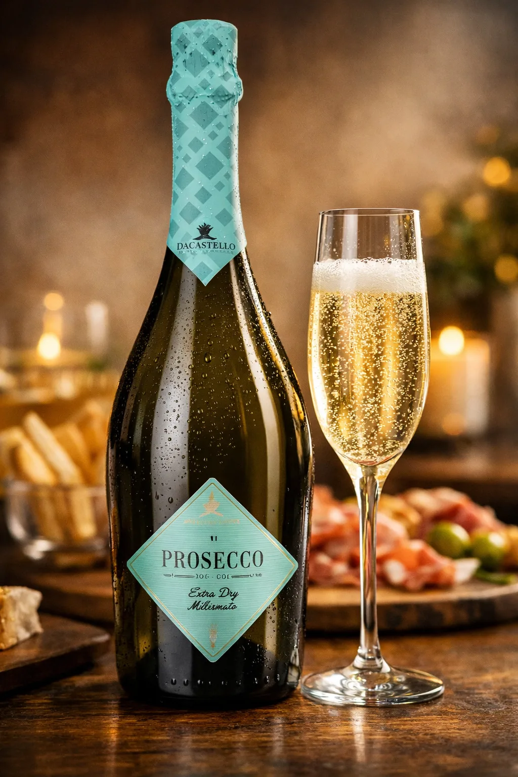 Dacastello Prosecco DOC Extra Dry Millesimato bottle beside a filled flute glass on a rustic table setting