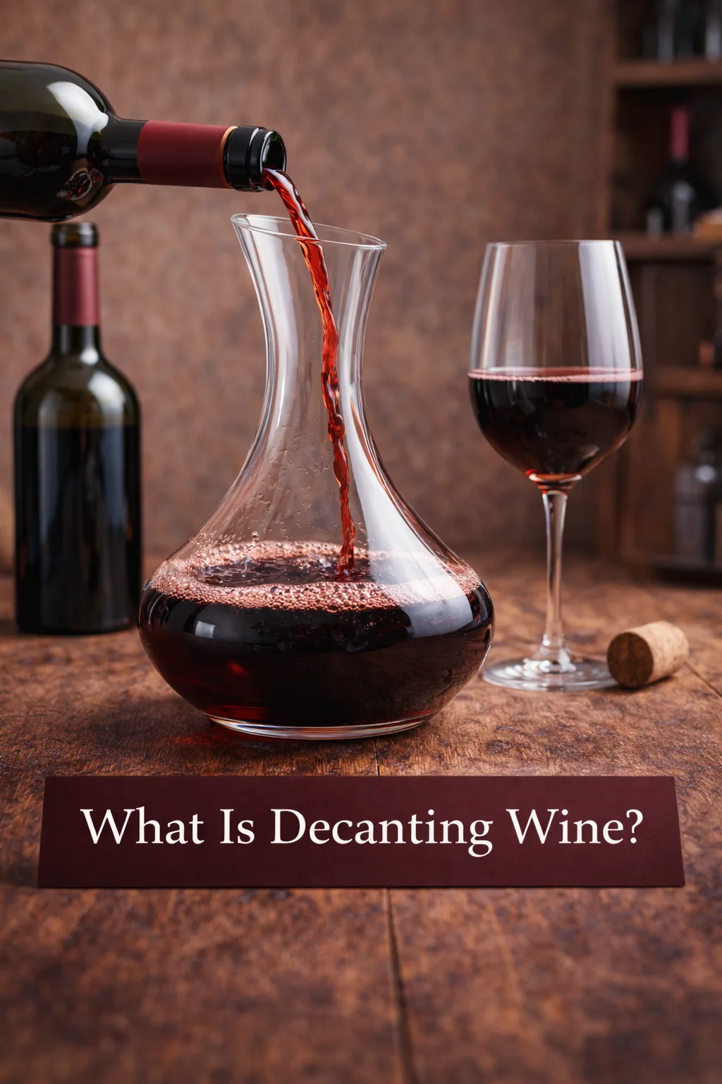 Red wine being poured from a bottle into a glass decanter