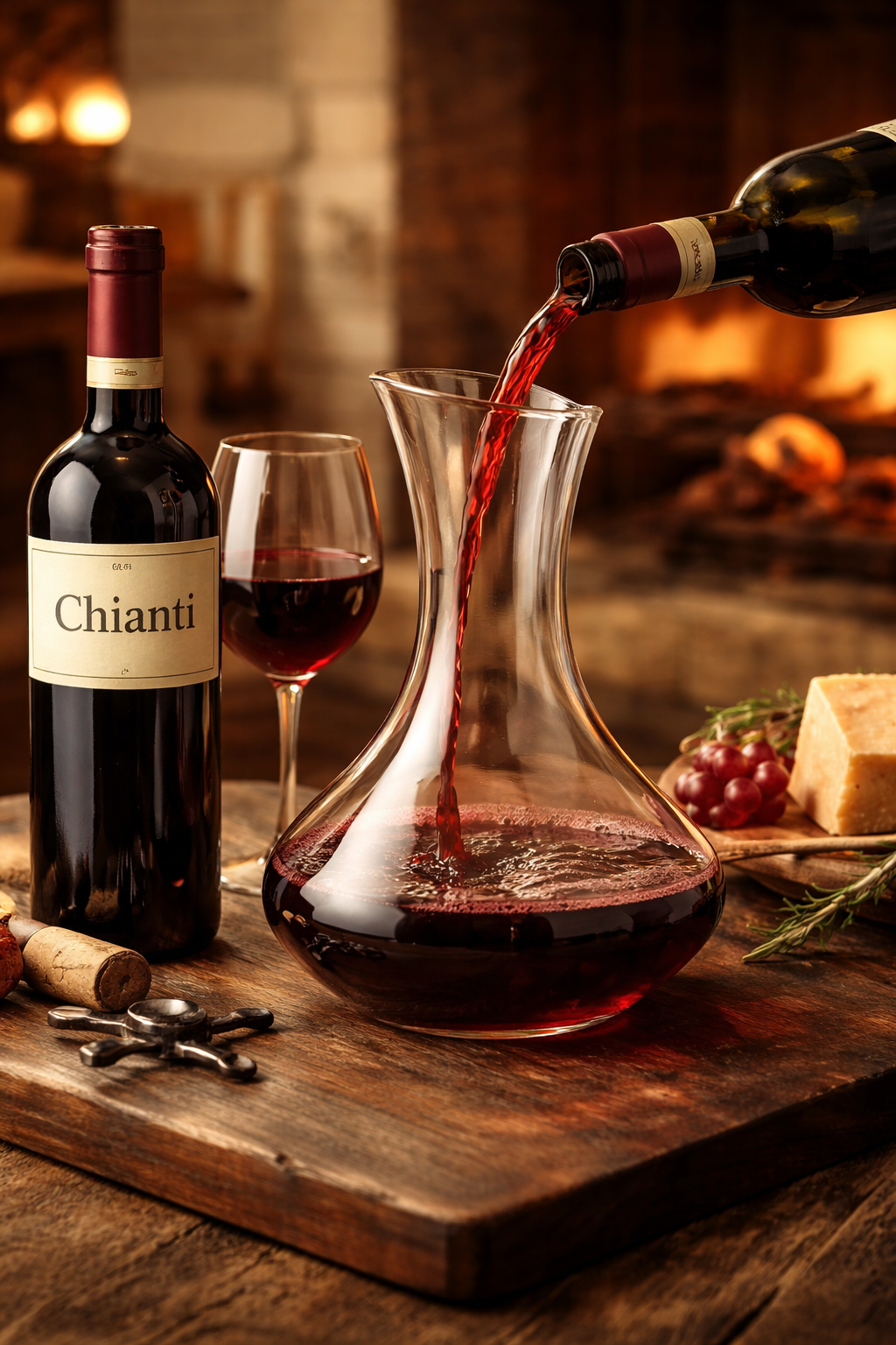 Italian wines improve with air as red wine is poured into a decanter to help flavours open
