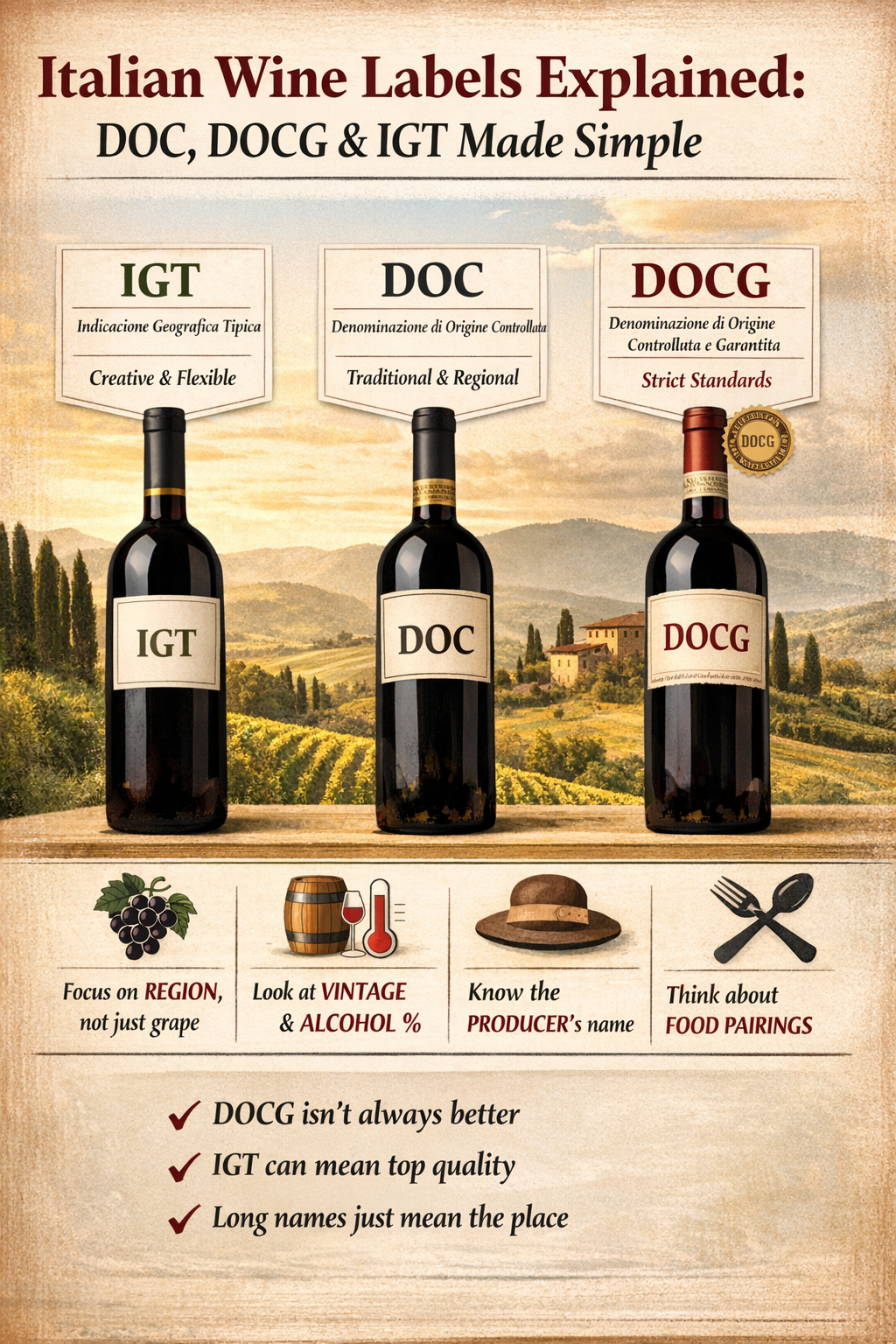 Italian wine labels explained showing DOC, DOCG and IGT classifications on wine bottles