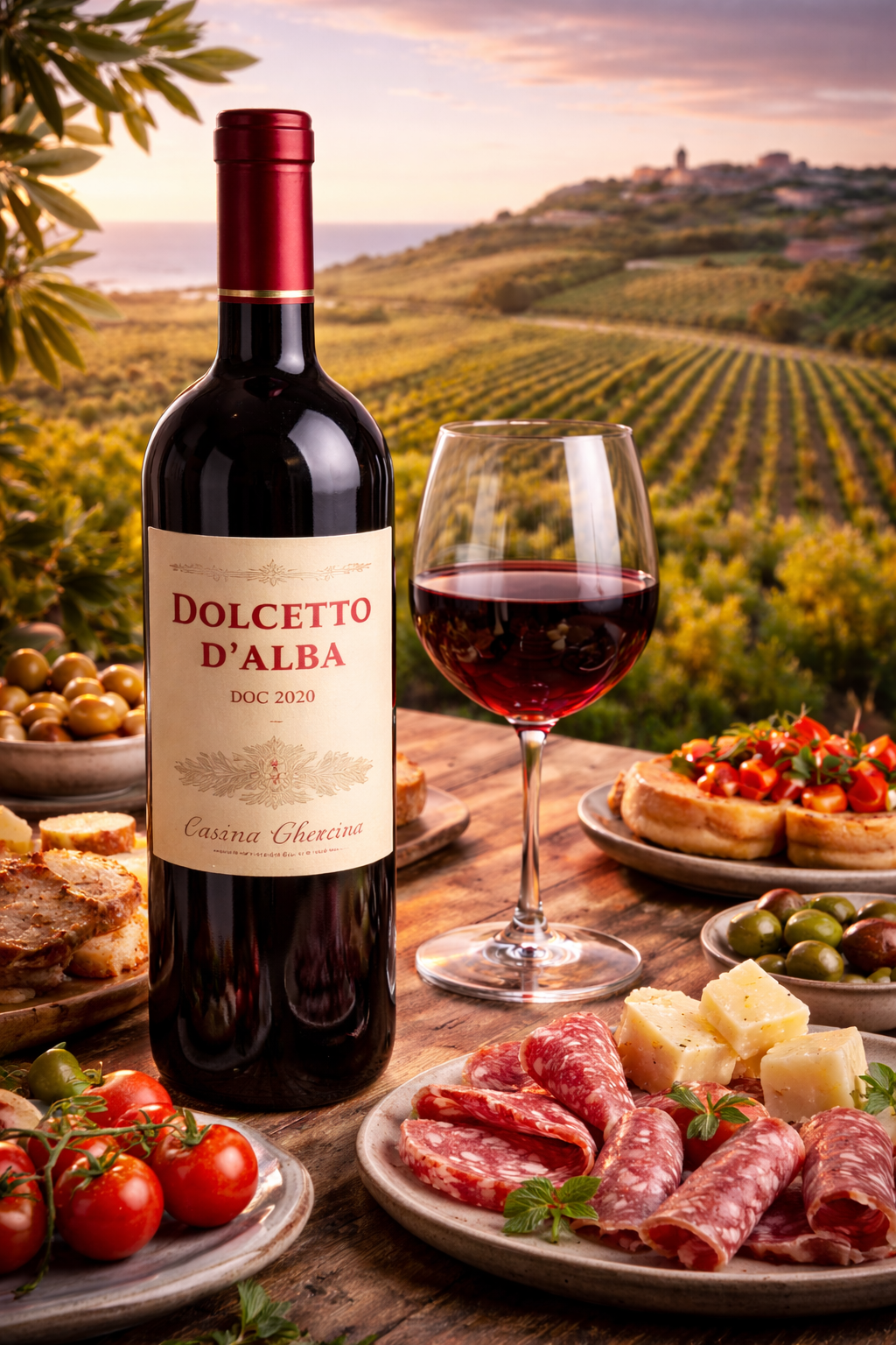 Dolcetto d’Alba DOC 2020 Piedmont red wine bottle with glass and Italian food pairing