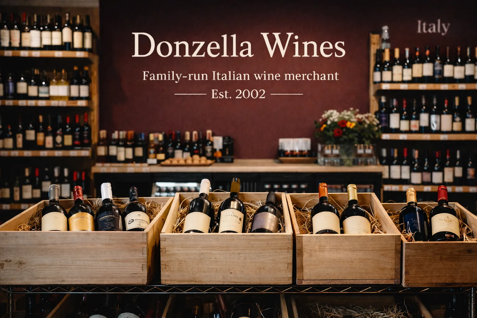 Donzella Wines interior with stacked wine crates in warehouse, family-run Italian wine merchant