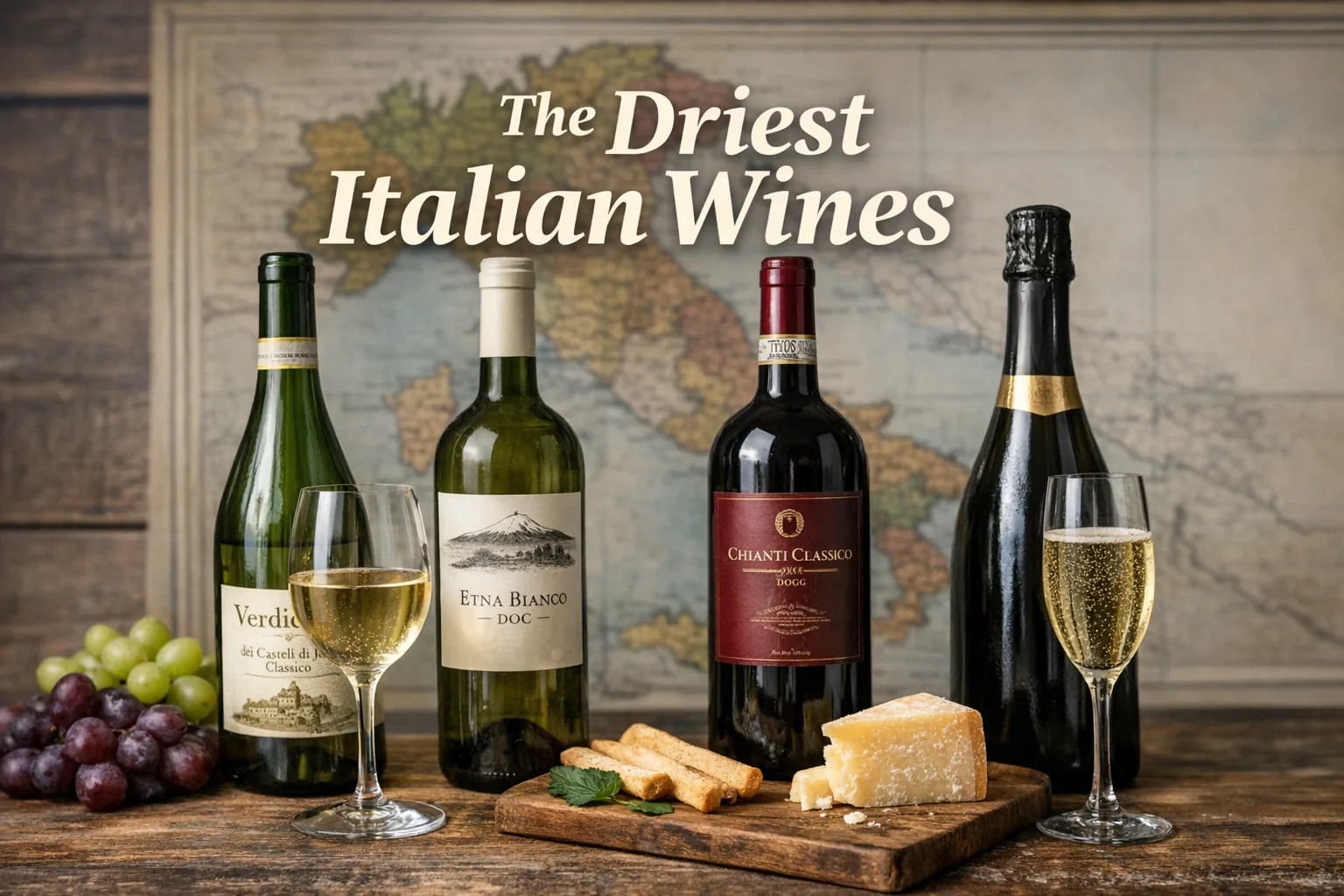 Driest Italian wines including Verdicchio, Etna Bianco and Chianti displayed with a map of Italy