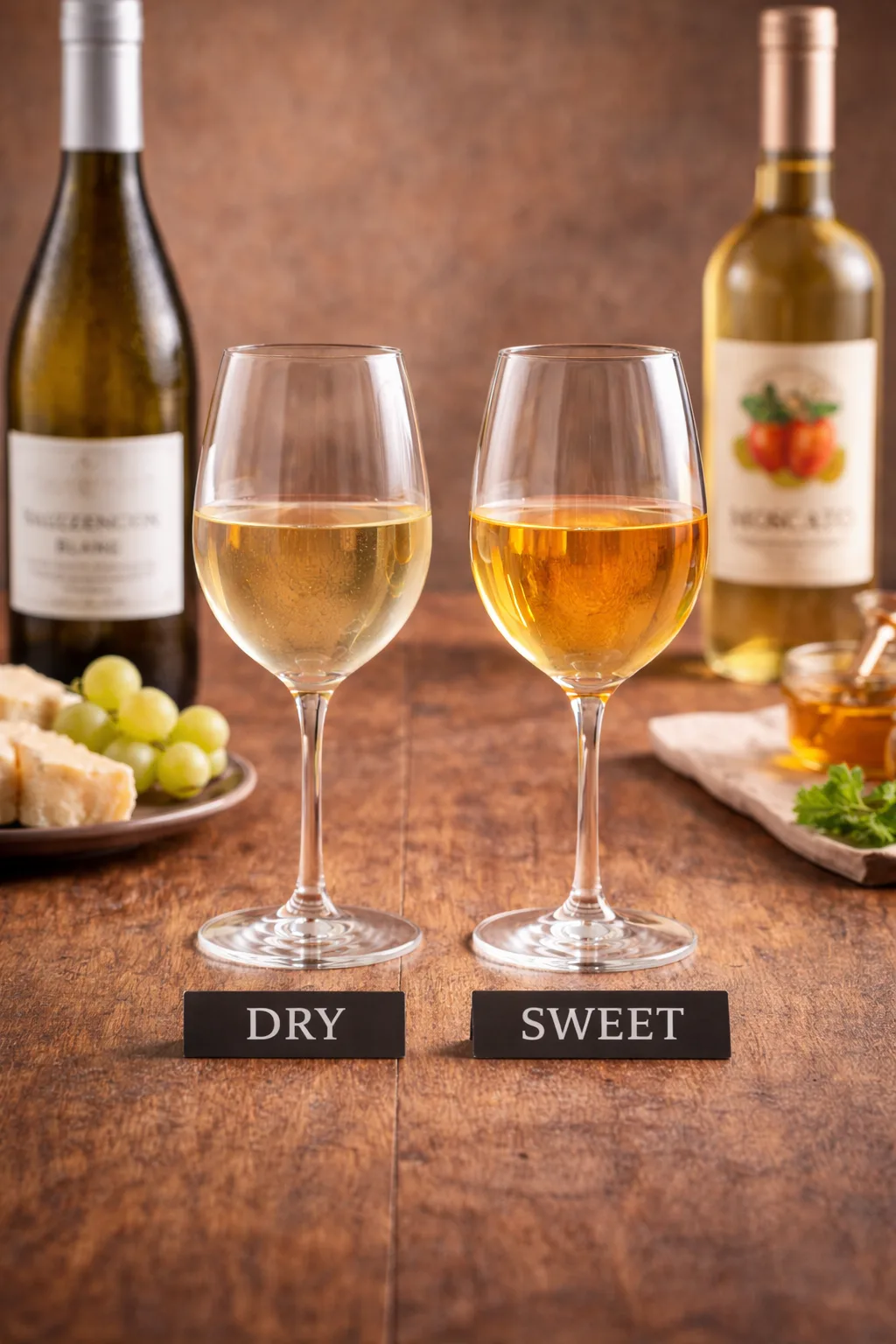 Glasses of white wine showing dry and sweet white wine styles side by side