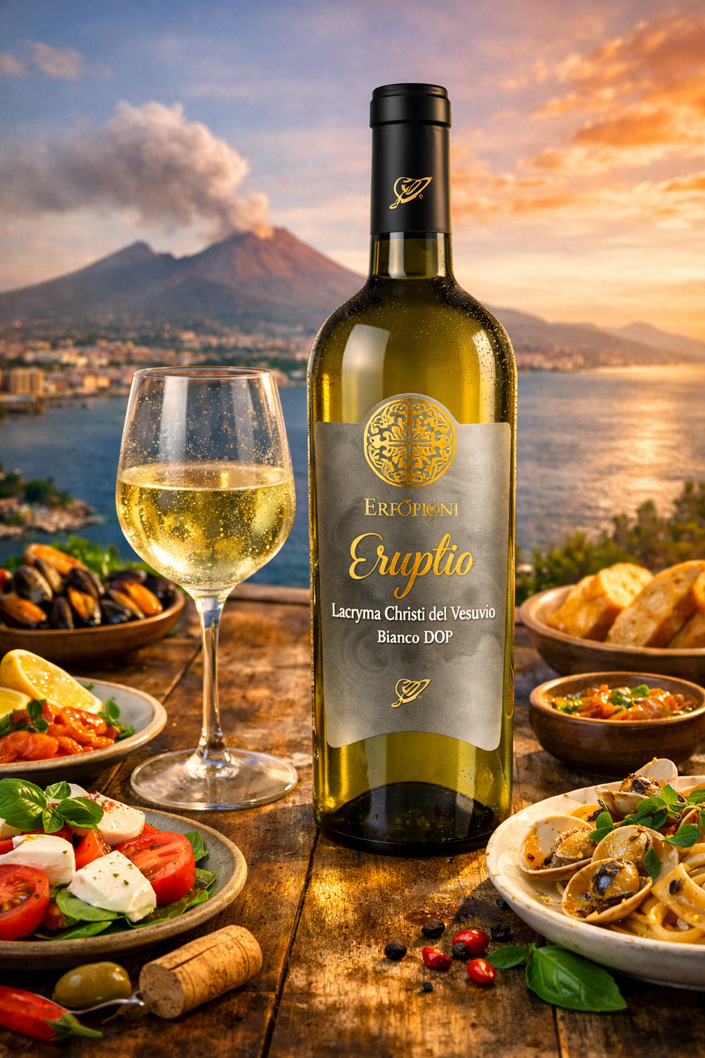 Lacryma Christi Bianco volcanic white wine bottle with Mount Vesuvius and seafood