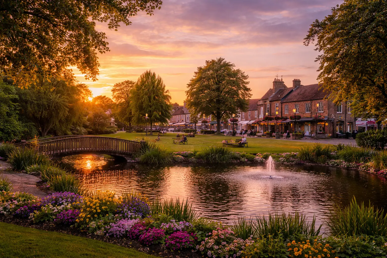Wine delivery in Flitwick with Manor Park, the pond and town centre at sunset