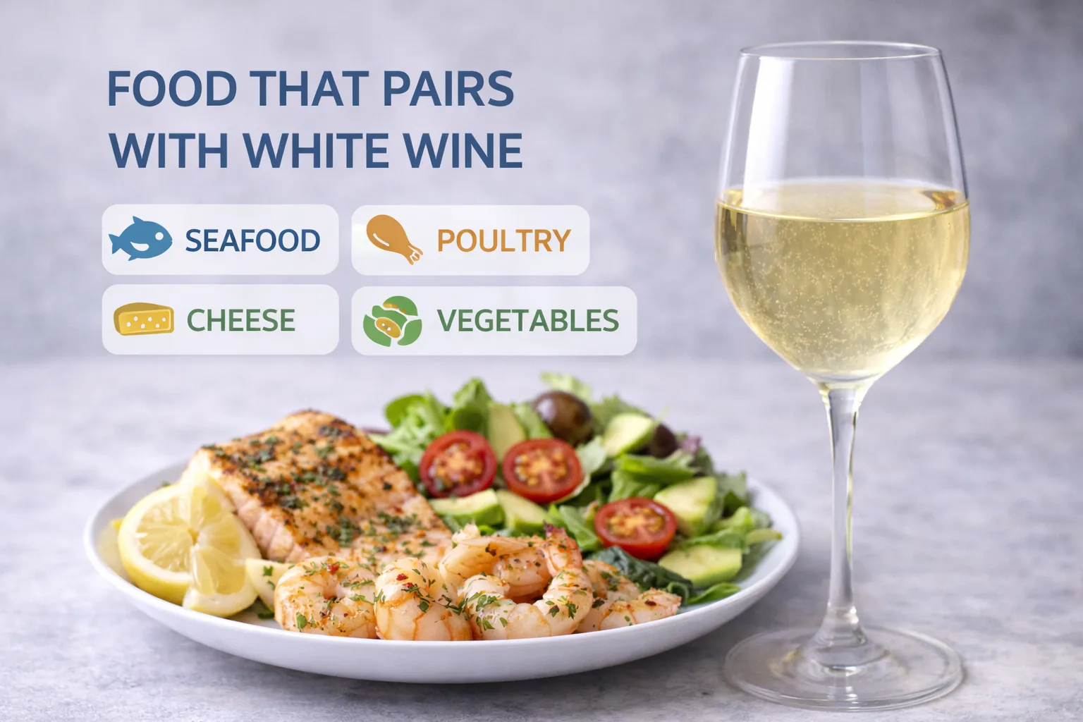 Selection of dishes paired with glasses of white wine to show what food goes with white wine