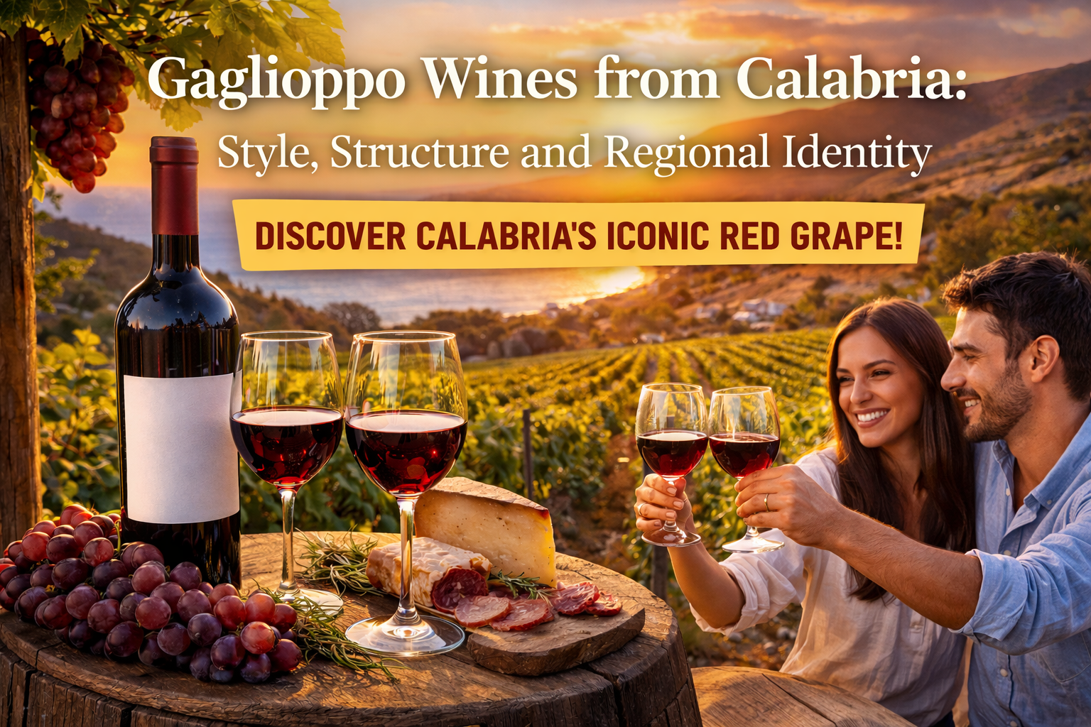 Gaglioppo wines from Calabria with vineyard views, red wine glasses and coastal sunset