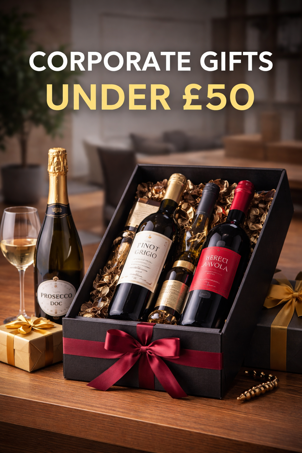 Corporate gifts under £50 featuring premium Italian wine gift box for UK businesses