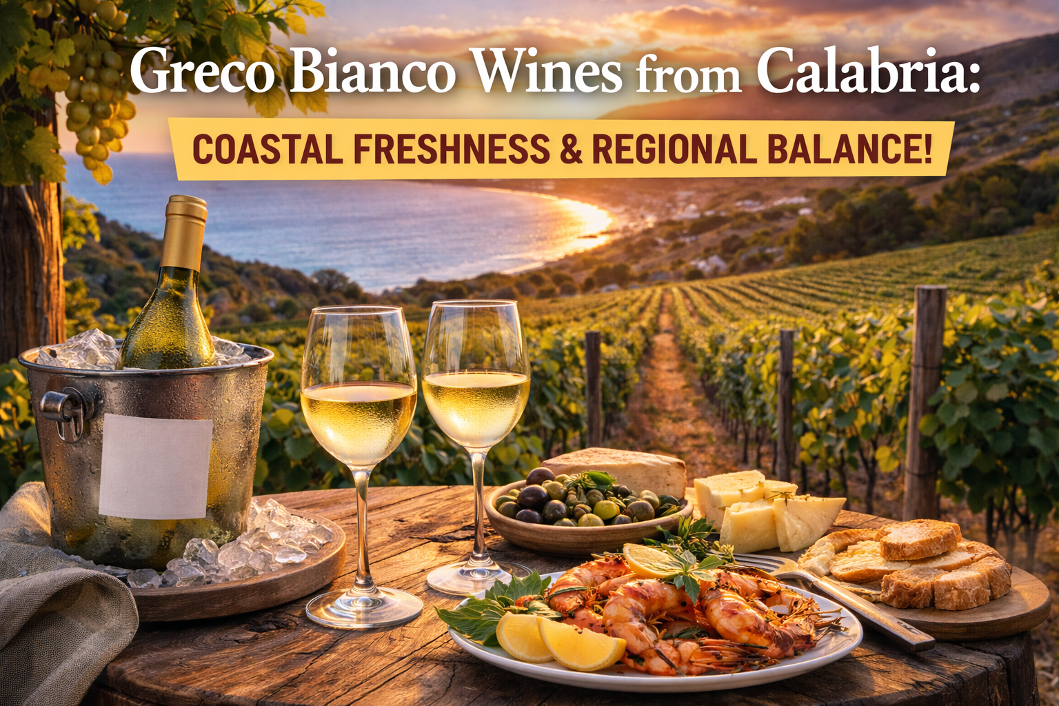 Greco Bianco wines from Calabria showing coastal vineyards, white wine and food pairings