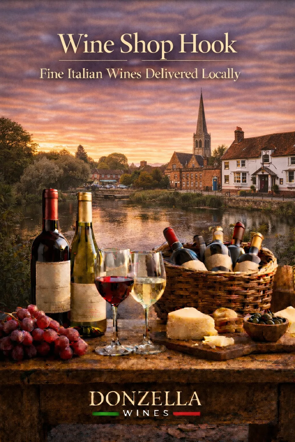 Wine Shop Hook – Fine Italian Wines Delivered Locally Wine bottles and glasses on a rustic table overlooking Hook village and river with church spire in the background, promoting Donzella Wines delivery.