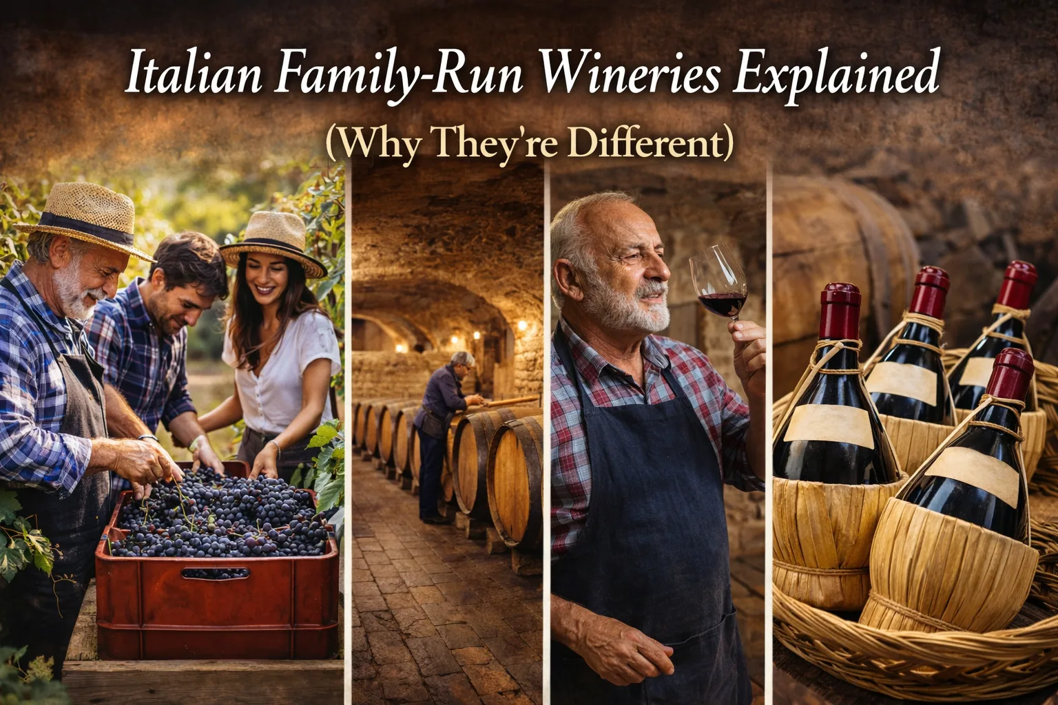 Italian family-run wineries showing grape harvesting, cellar ageing and traditional winemaking