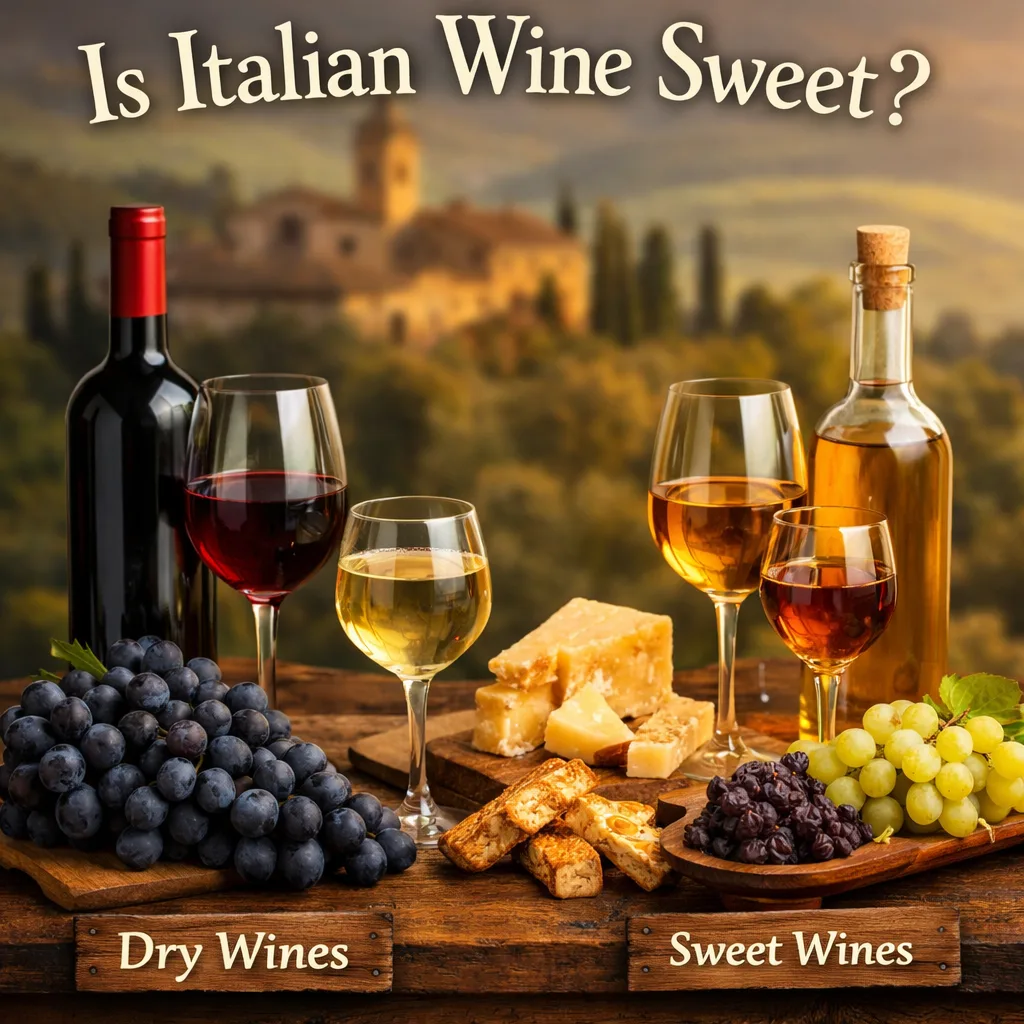 Italian dry and sweet wines shown side by side with grapes and cheese