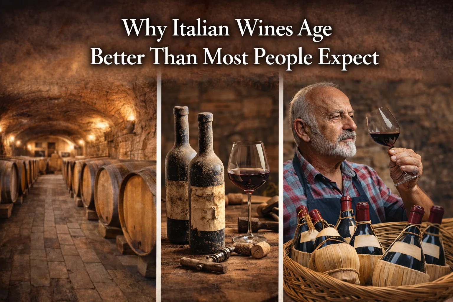Italian wines ageing in a traditional cellar with oak barrels, mature bottles and a winemaker tasting wine