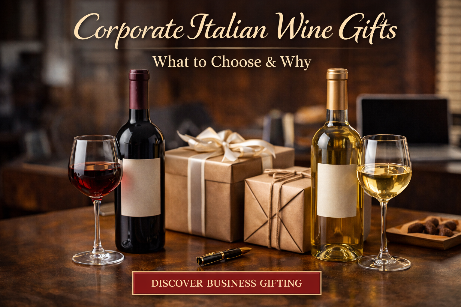 Corporate Italian wine gift presentation with premium red and sparkling bottles on a desk