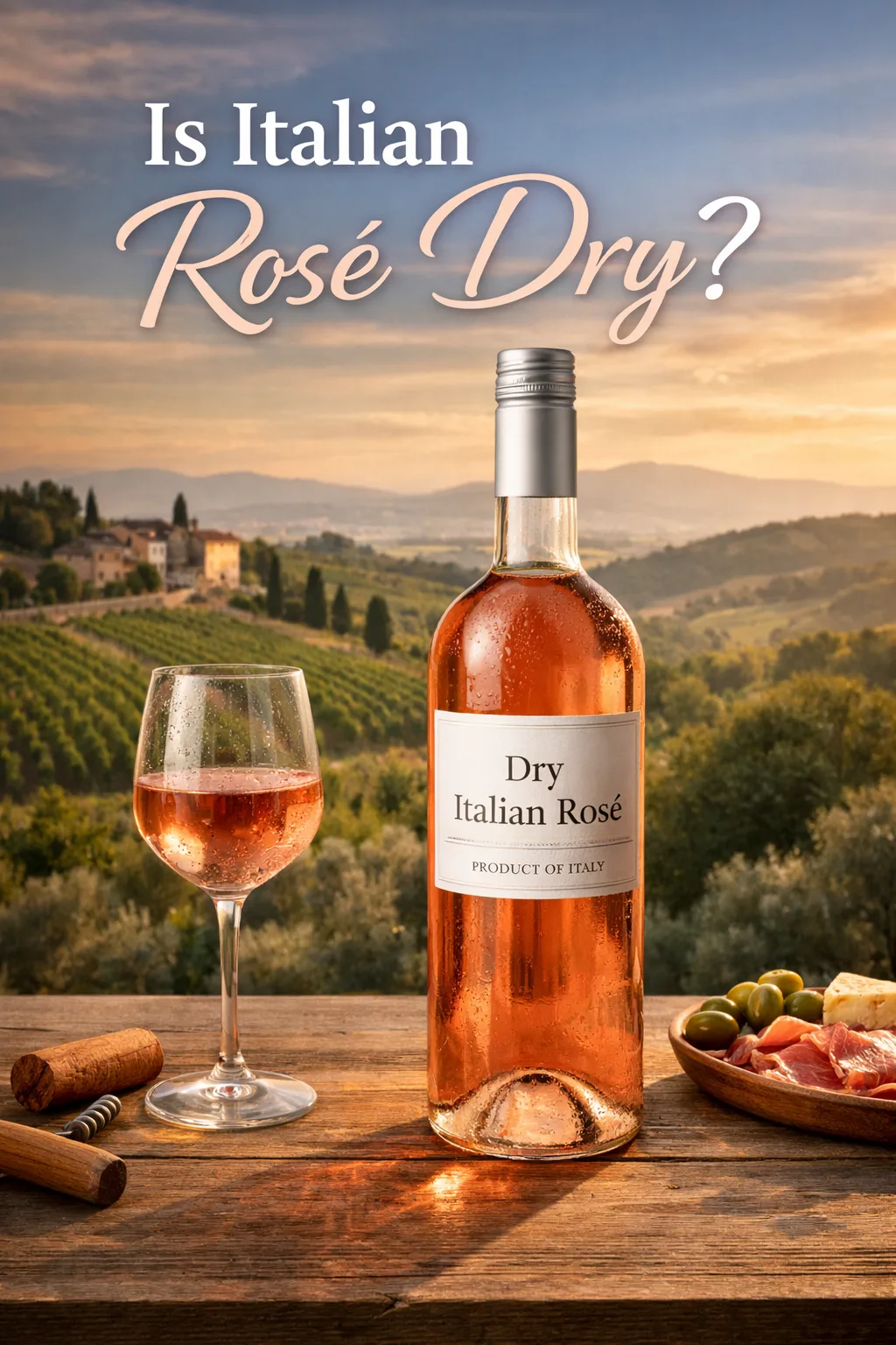 Is Italian Rosé Dry? Wine Guide Bottle of dry Italian rosé wine with glass on a wooden table overlooking vineyards