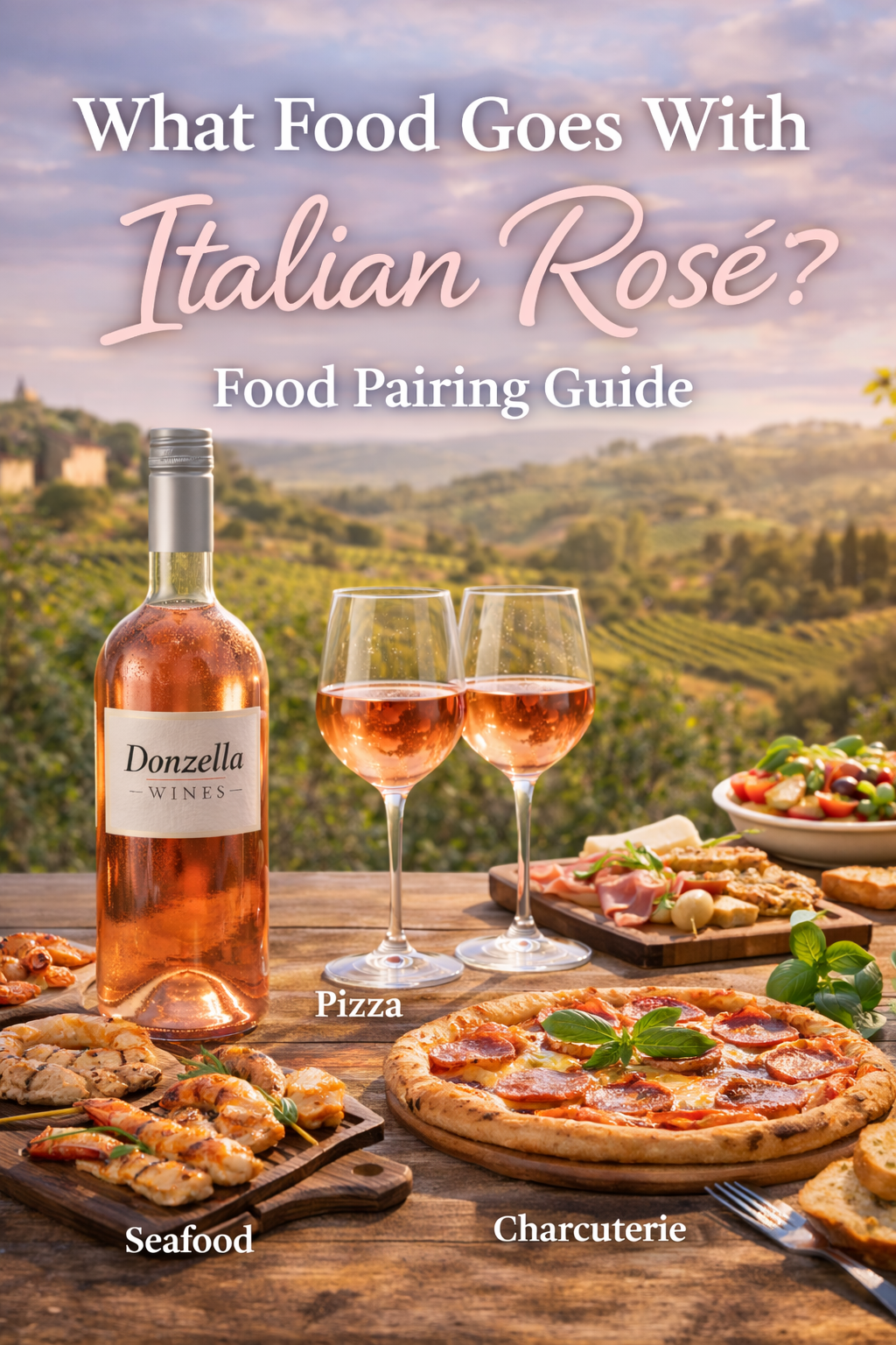 Donzella Wines Italian rosé bottle with pizza, seafood and charcuterie on rustic table