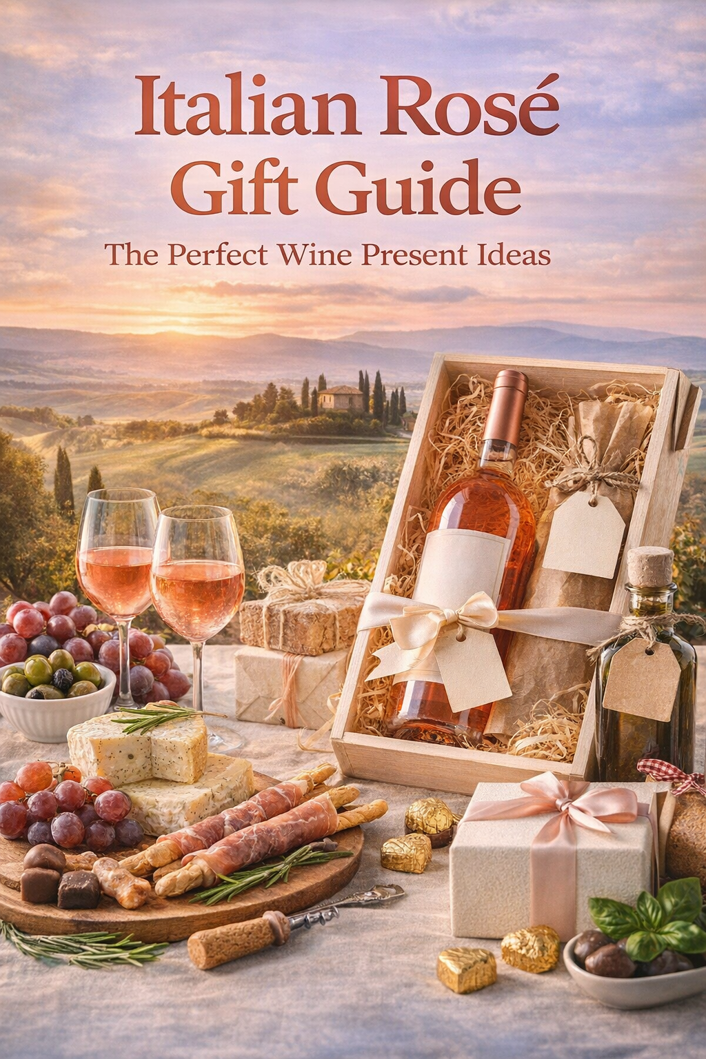 Italian rosé gift hamper with wine bottle, cheese and chocolates in vineyard setting