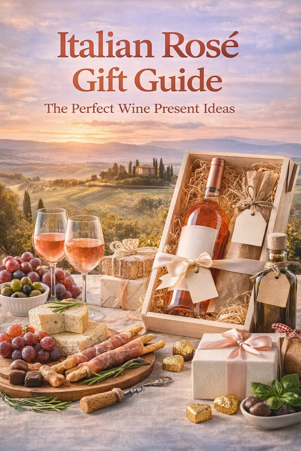 Italian Rosé Gift Guide – Wine Present Ideas Italian rosé gift hamper with wine bottle, cheese and chocolates in vineyard setting