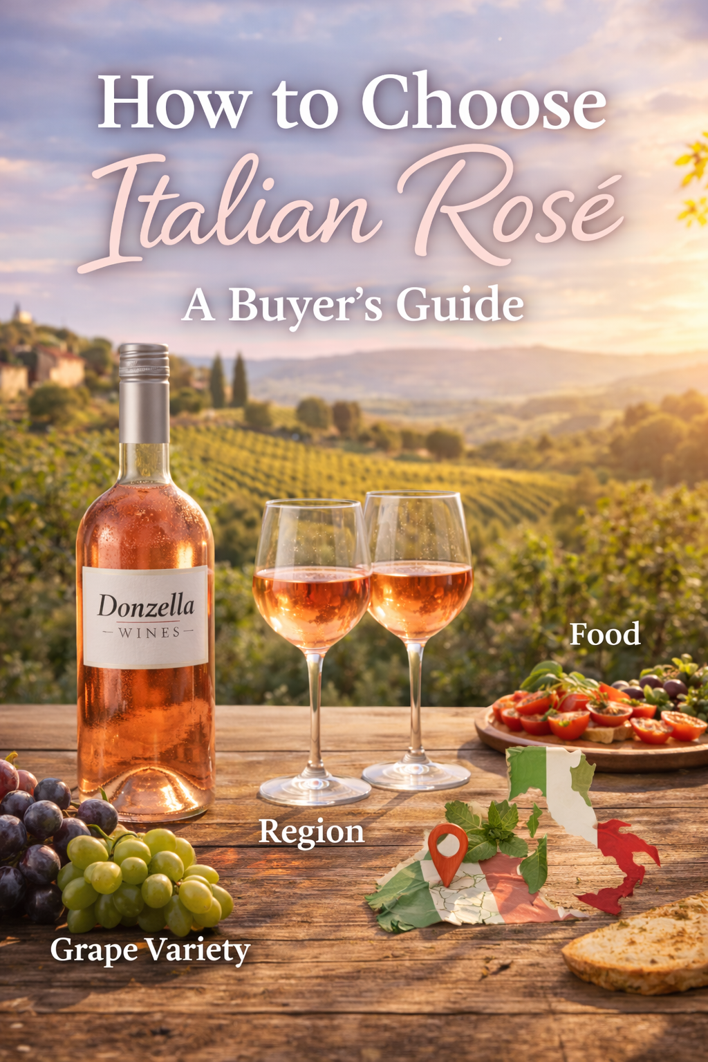 Donzella Wines Italian rosé bottle with two glasses on a rustic table in vineyard setting