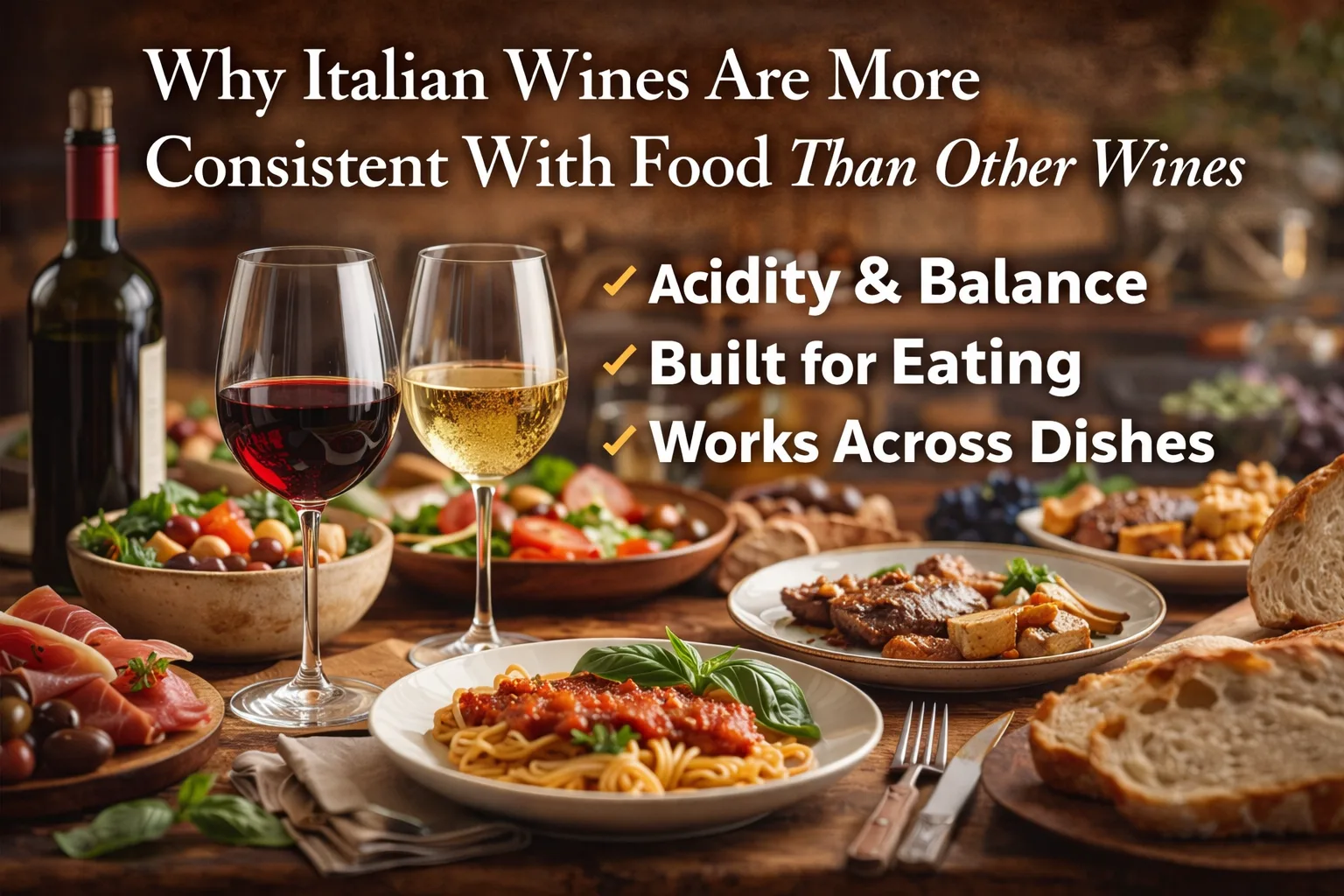 Italian wines served with food showing red and white wine working consistently across different dishes