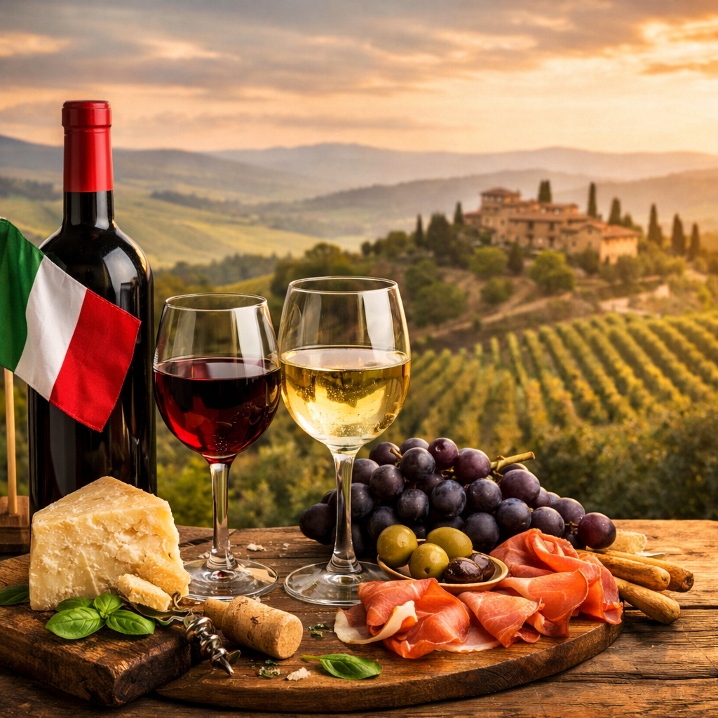 Italian wine styles shown with red and white wines, grapes and a map of Italy
