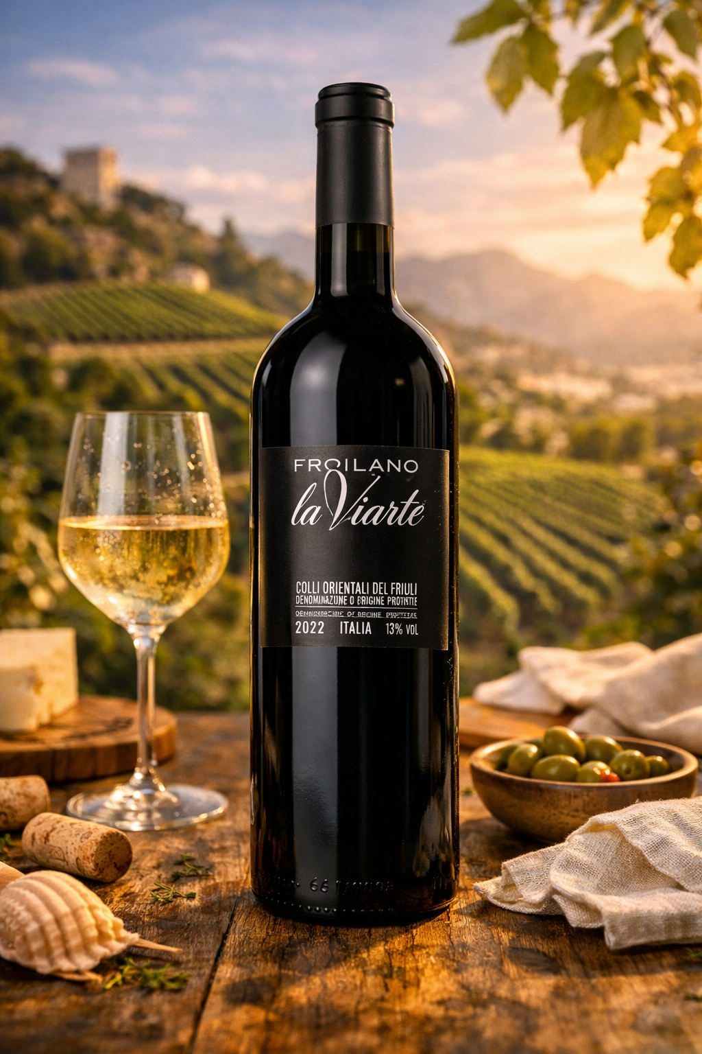 La Viarte Friulano 2022 Italian white wine bottle with vineyard and glass