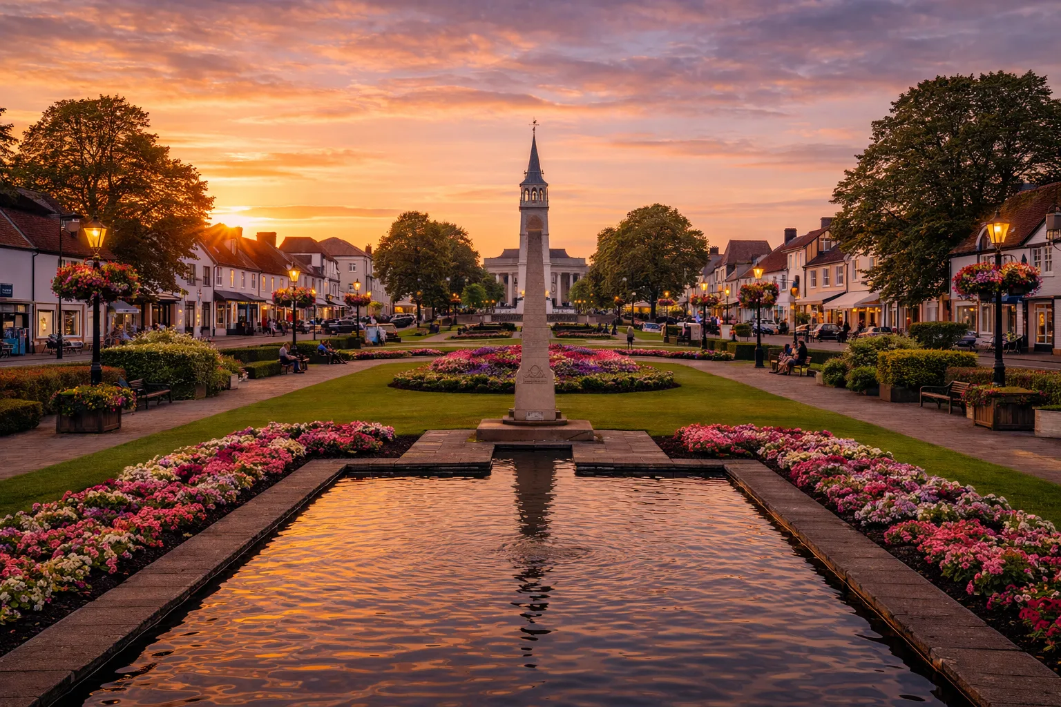 Wine delivery in Letchworth Garden City with Broadway Gardens, the central fountain and town centre at sunset