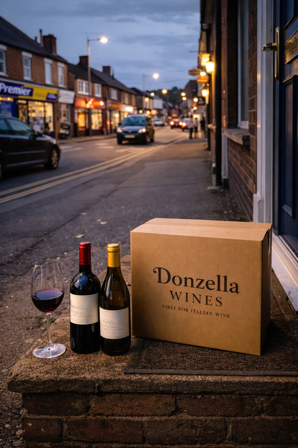 Wine Shop Lutterworth – Fine Wines Delivered Locally Wine delivery to Lutterworth showing Donzella Wines box on a local high street doorstep