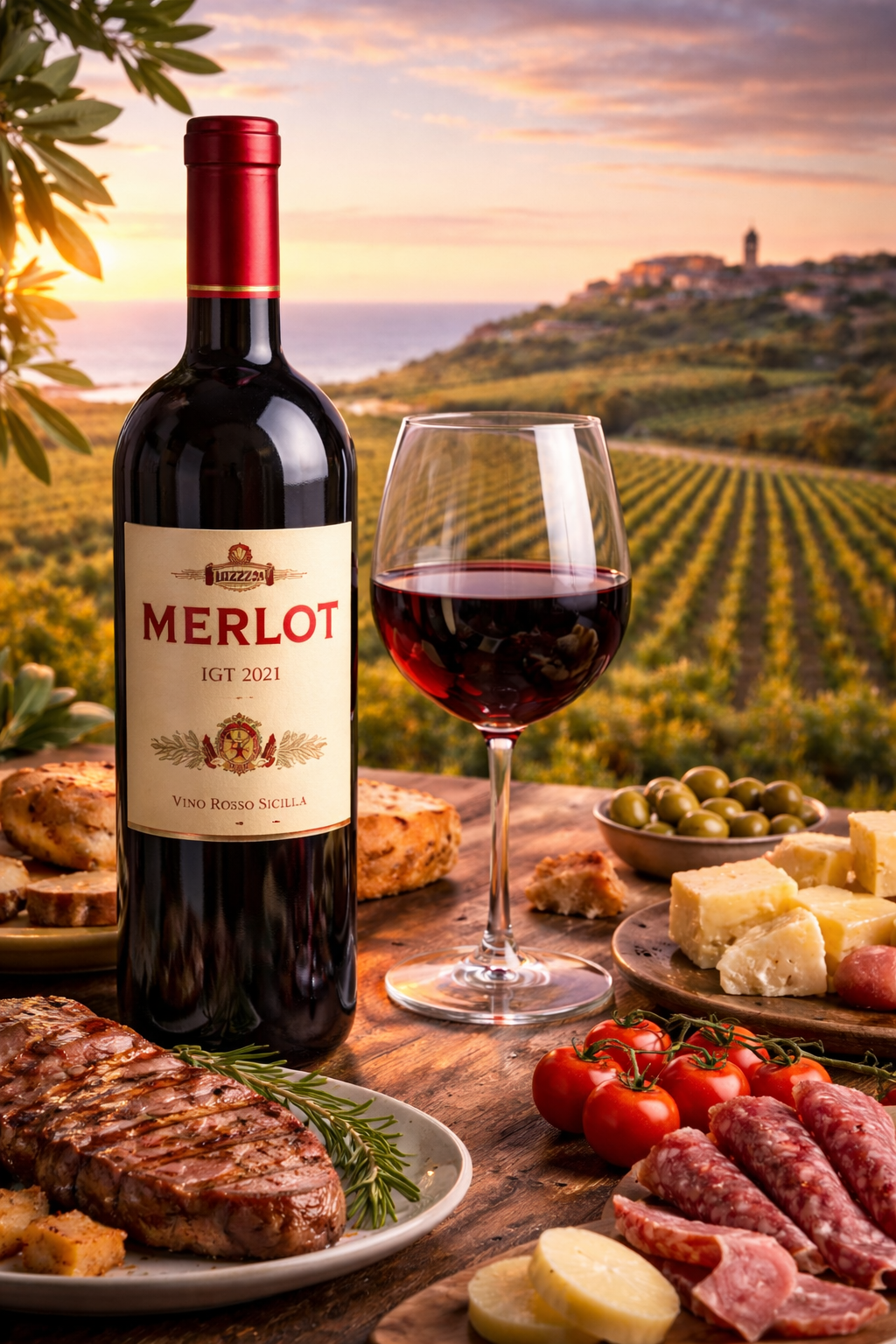 Merlot IGT 2021 premium Sicilian red wine bottle with glass and Italian food pairing