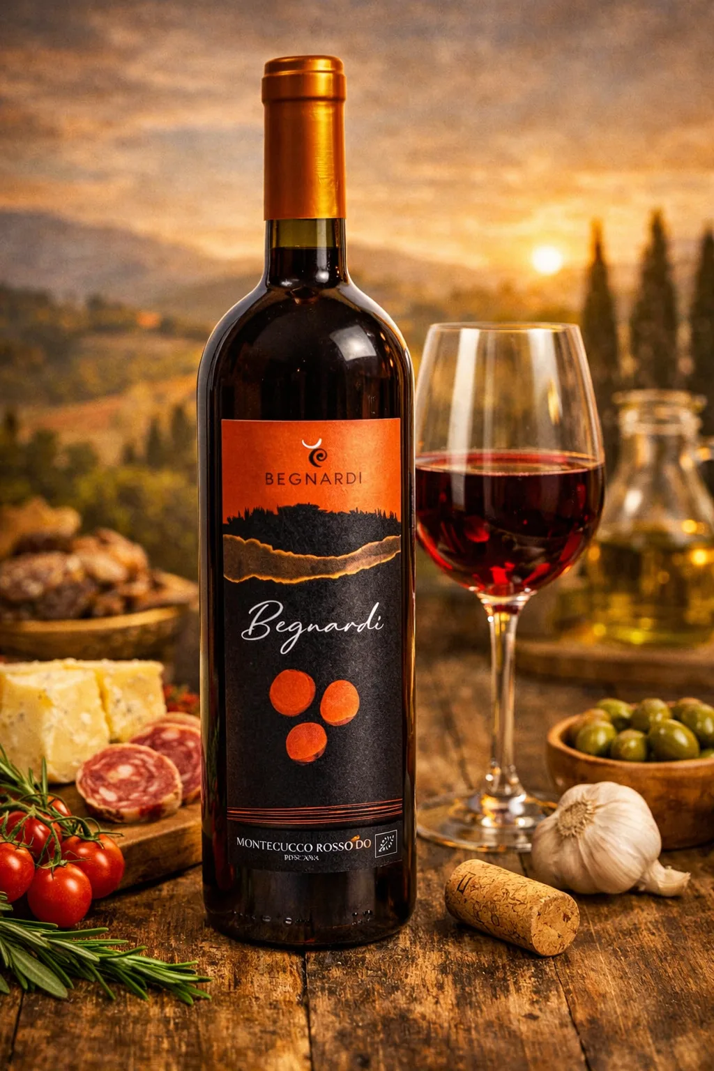 Begnardi Montecucco Rosso DOC Tuscan red wine bottle with glass on rustic table