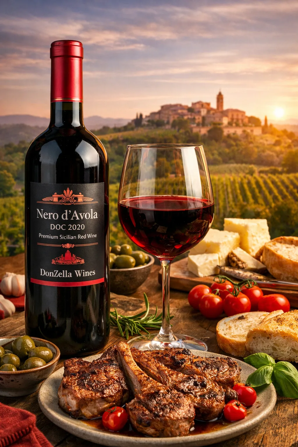 Nero d’Avola Sicilian red wine bottle with glass of red wine and grilled steak on a rustic Italian table